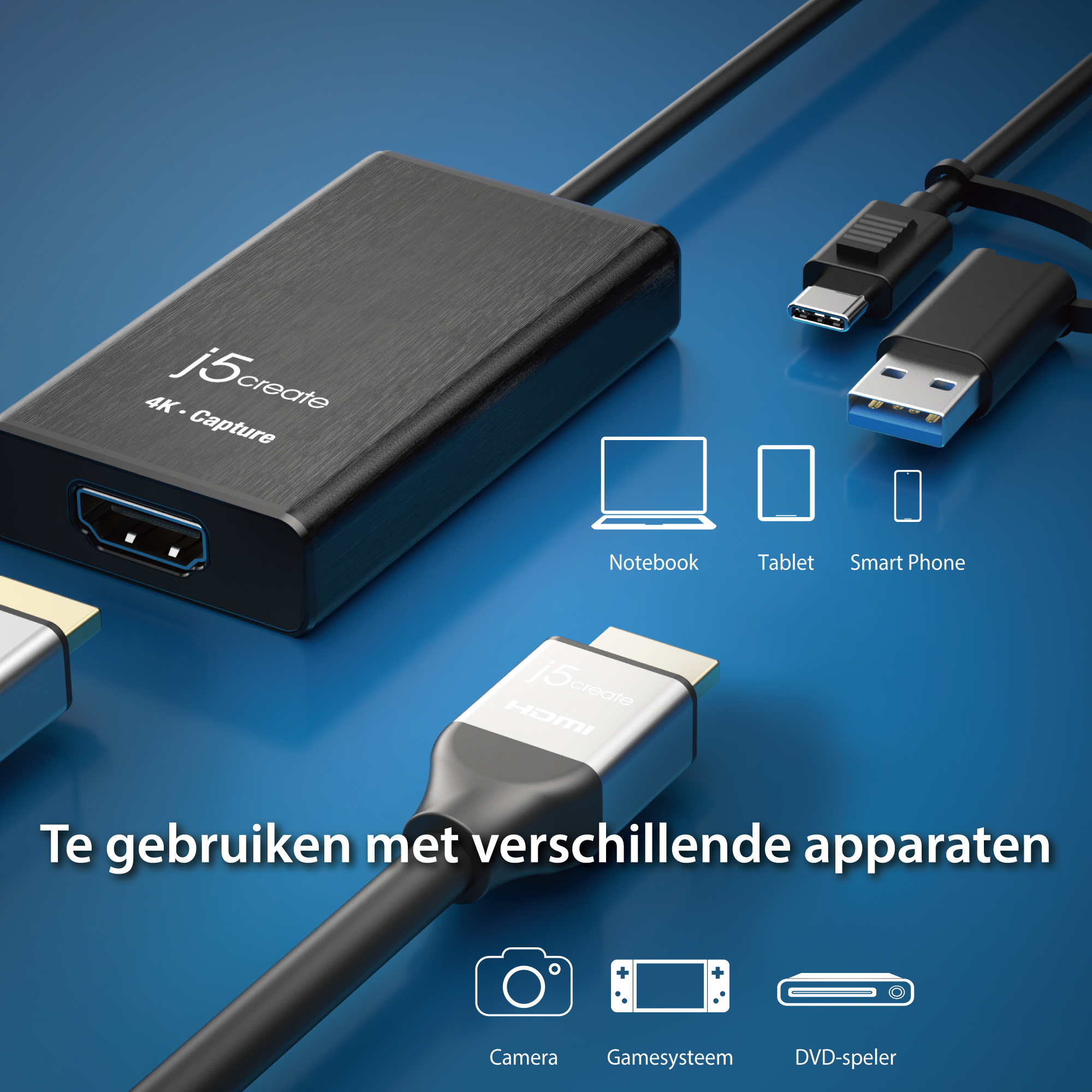 Un dispositivo nero con cavi, etichettato j5create, con sfondo blu.