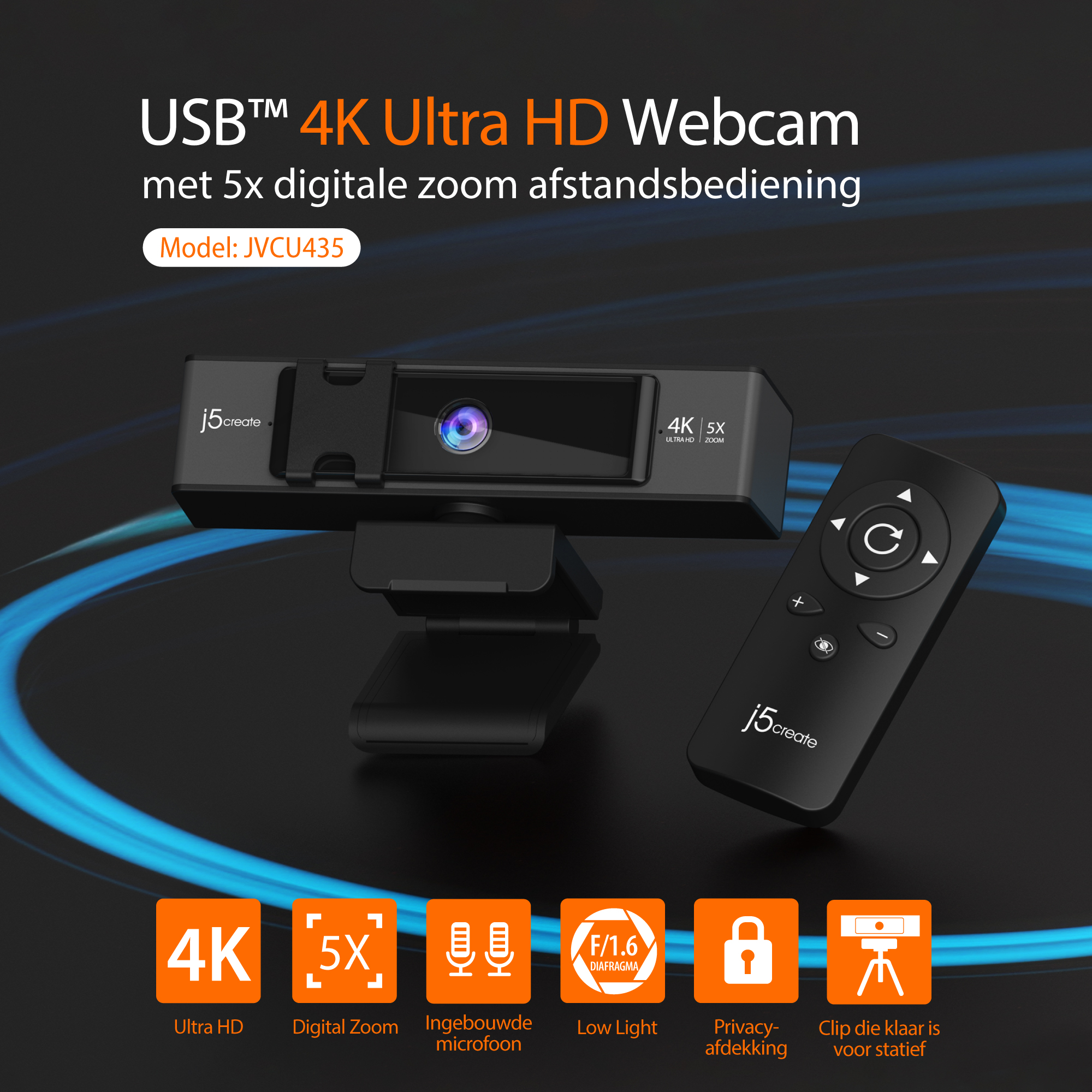 Kamera internetowa USB z pilotem, plus ikony 4K, zoomu cyfrowego i bezpieczeństwa.