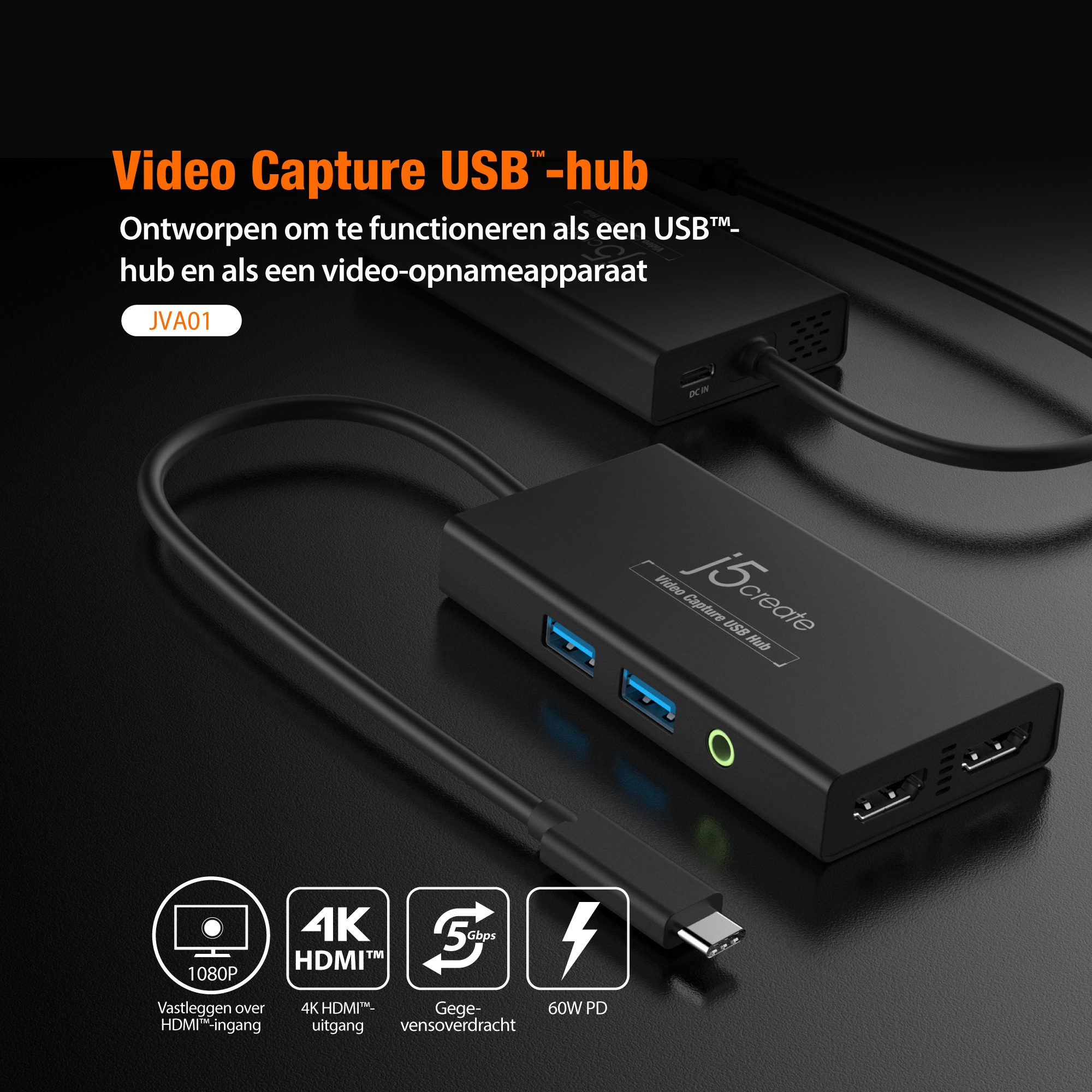 Czarny hub USB z portami i kablem USB, z ikonami i tekstem związanym z przechwytywaniem wideo.