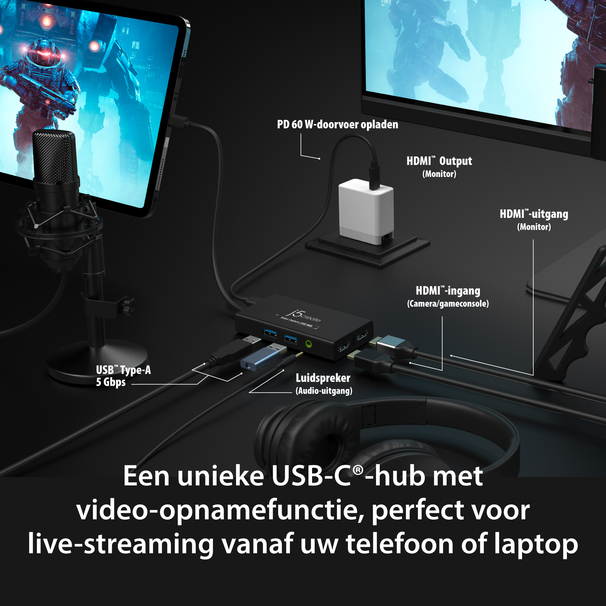 Hub z wieloma podłączonymi kablami. Tablet po lewej i monitor po prawej.