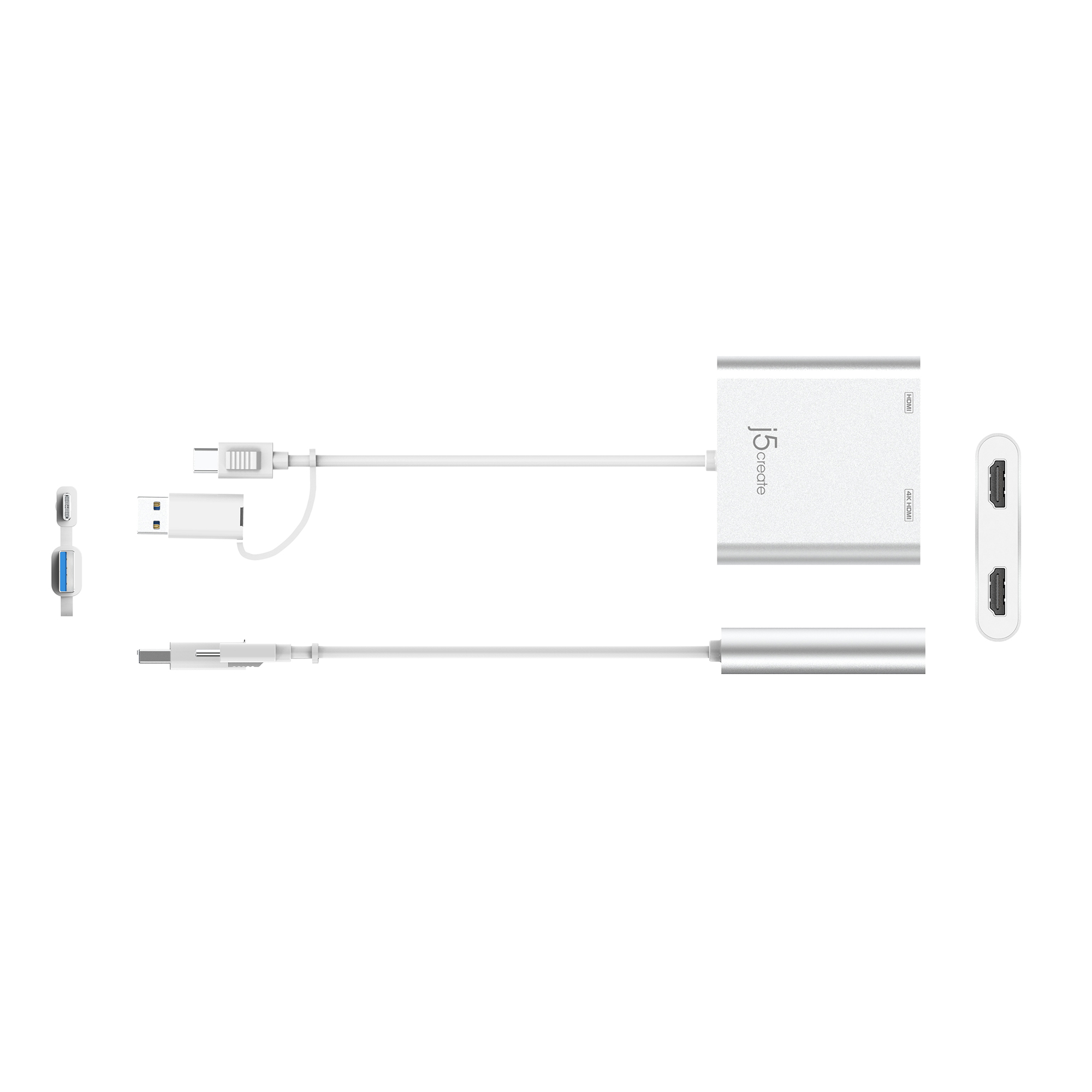 Adaptador y cables USB-C blancos y plateados. El adaptador está etiquetado como "j5create".