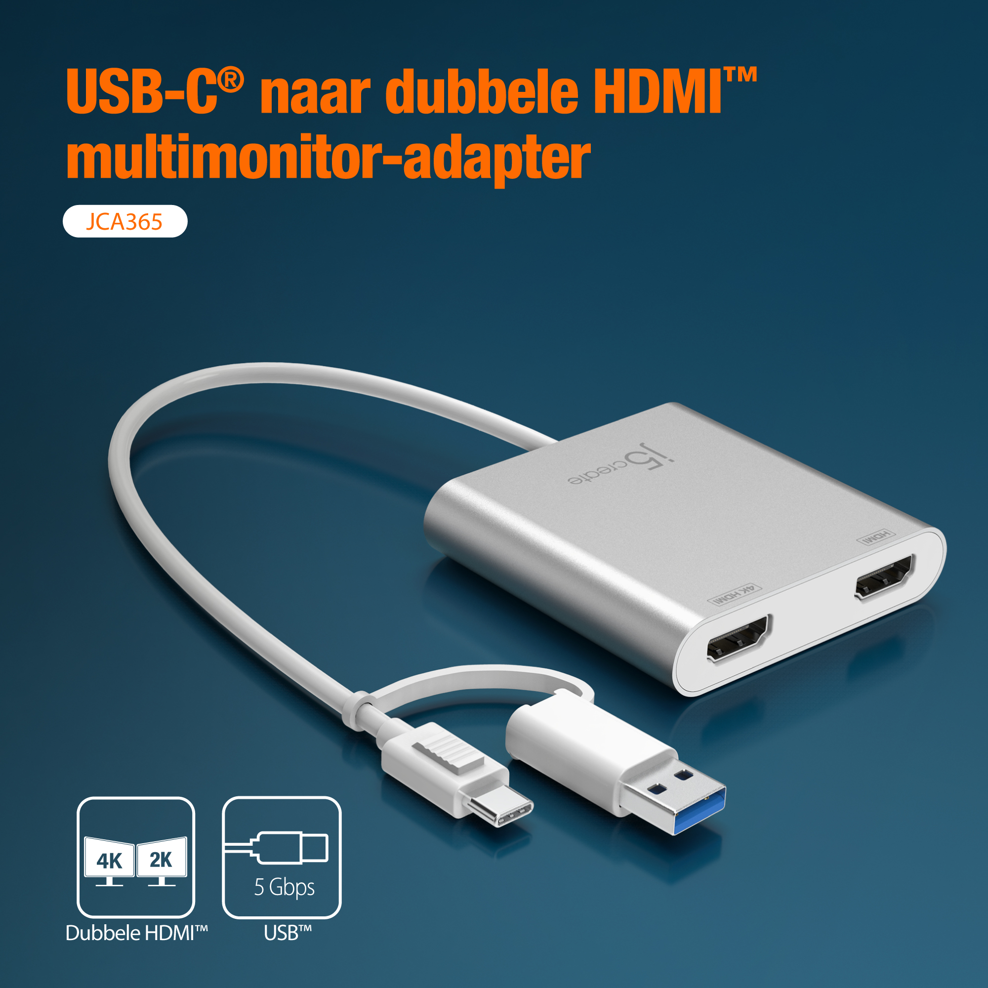 Adaptador USB-C a HDMI dual plateado con cables y puerto USB-A. El fondo es azul.