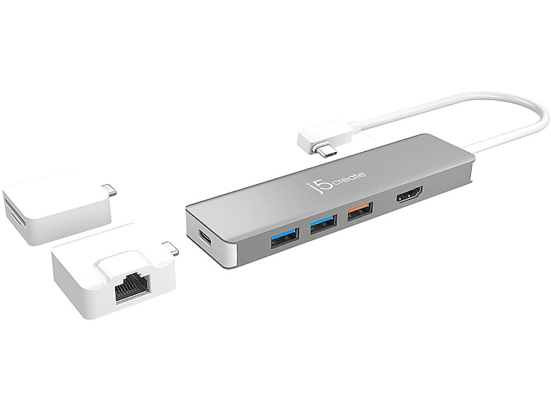 J5CREATE JCD375-N USB-C Hub, Modular Weiß 2 USB Bausautz, und Multi-Adapter Silber mit