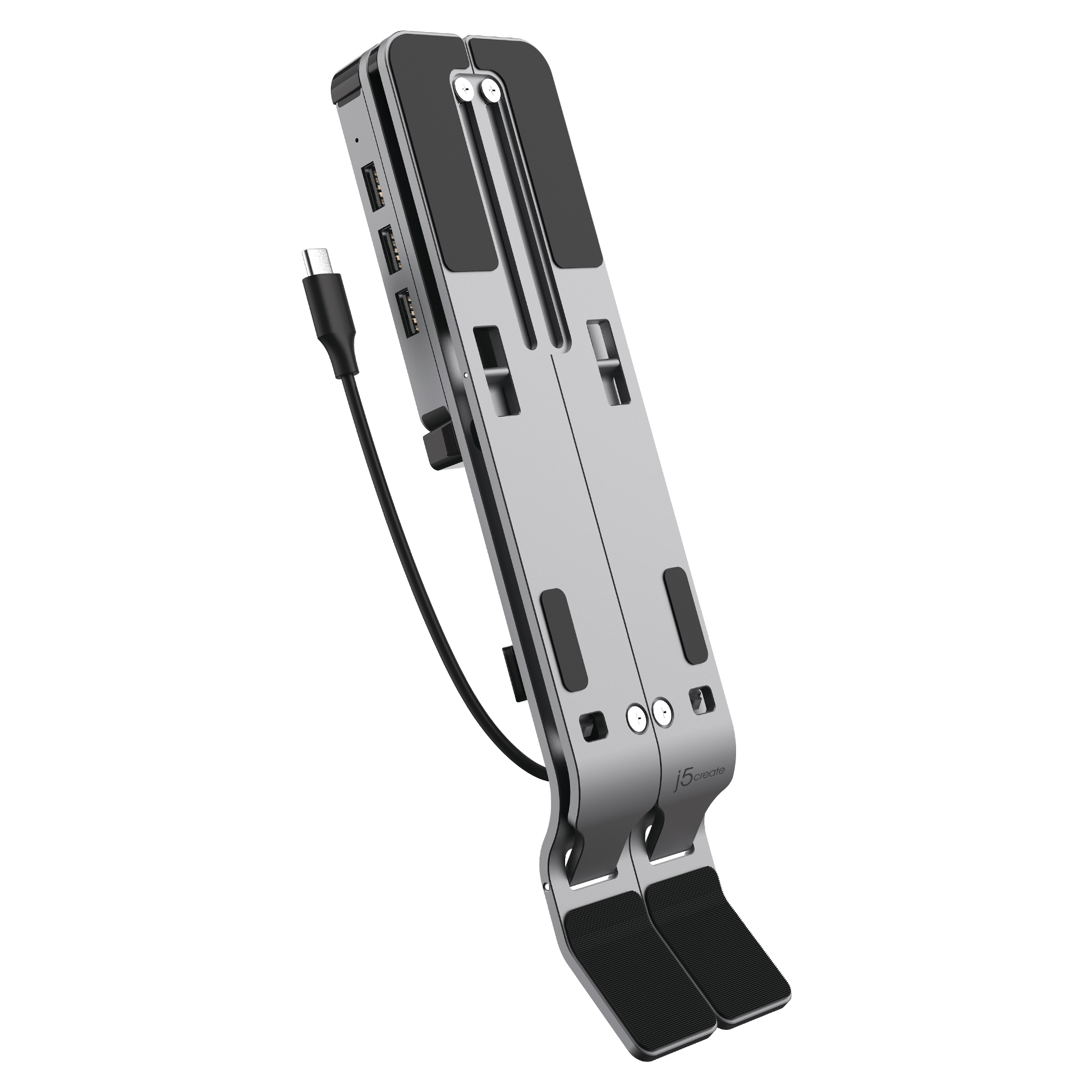 Silberner Laptopständer mit mehreren USB-Anschlüssen und angeschlossenem USB-C-Kabel.