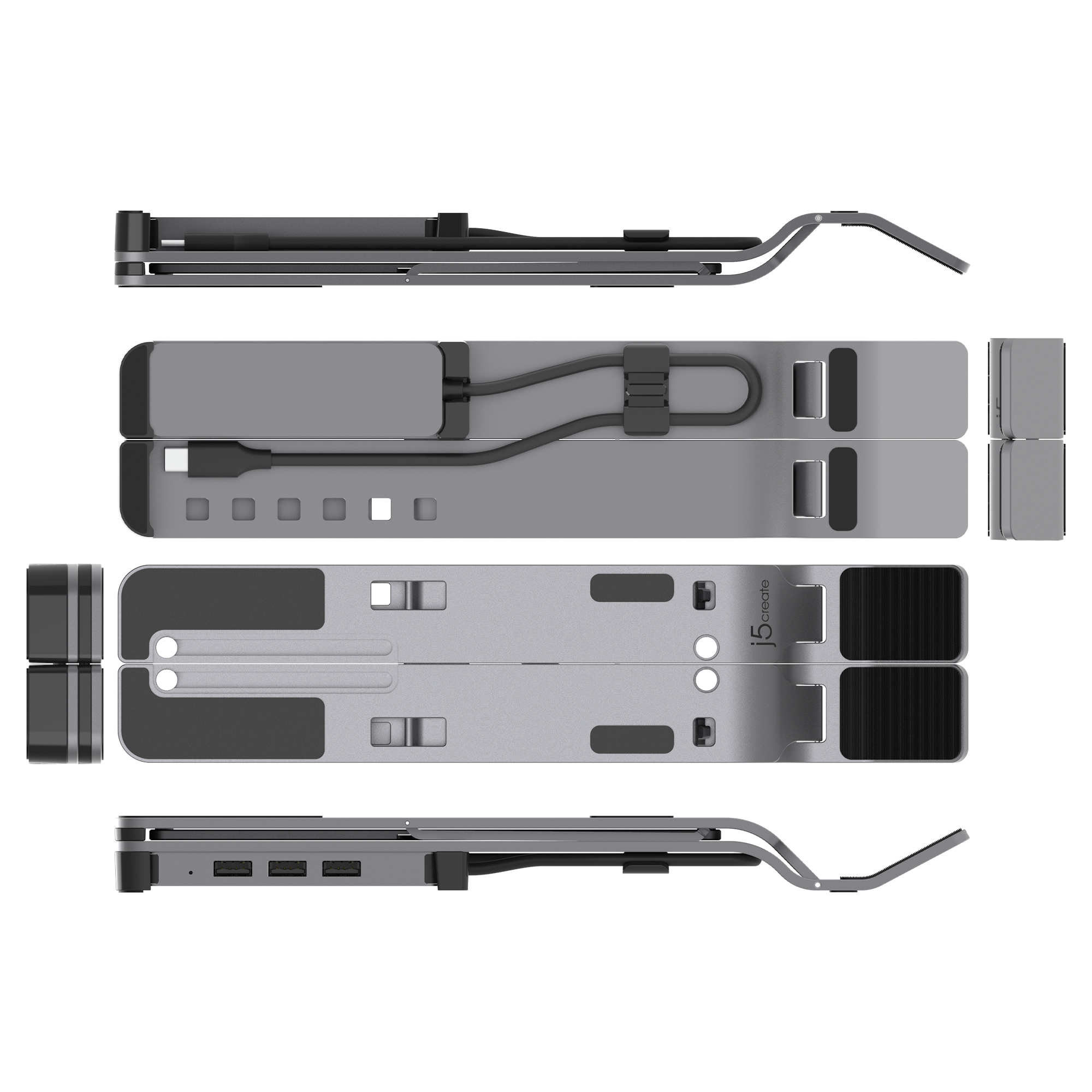 Ein zusammenklappbarer Ständer für einen Laptop, aus mehreren Winkeln gezeigt.