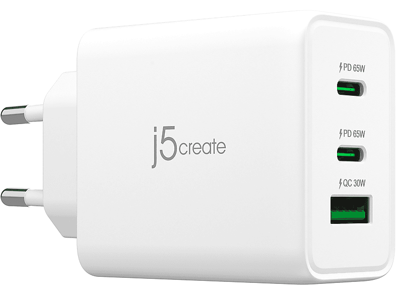 J5CREATE JUP3365E-EN 65-Watt-GaN 3 Anschlüssen, EU-Stecker USB Ladegerät Universal, Weiß