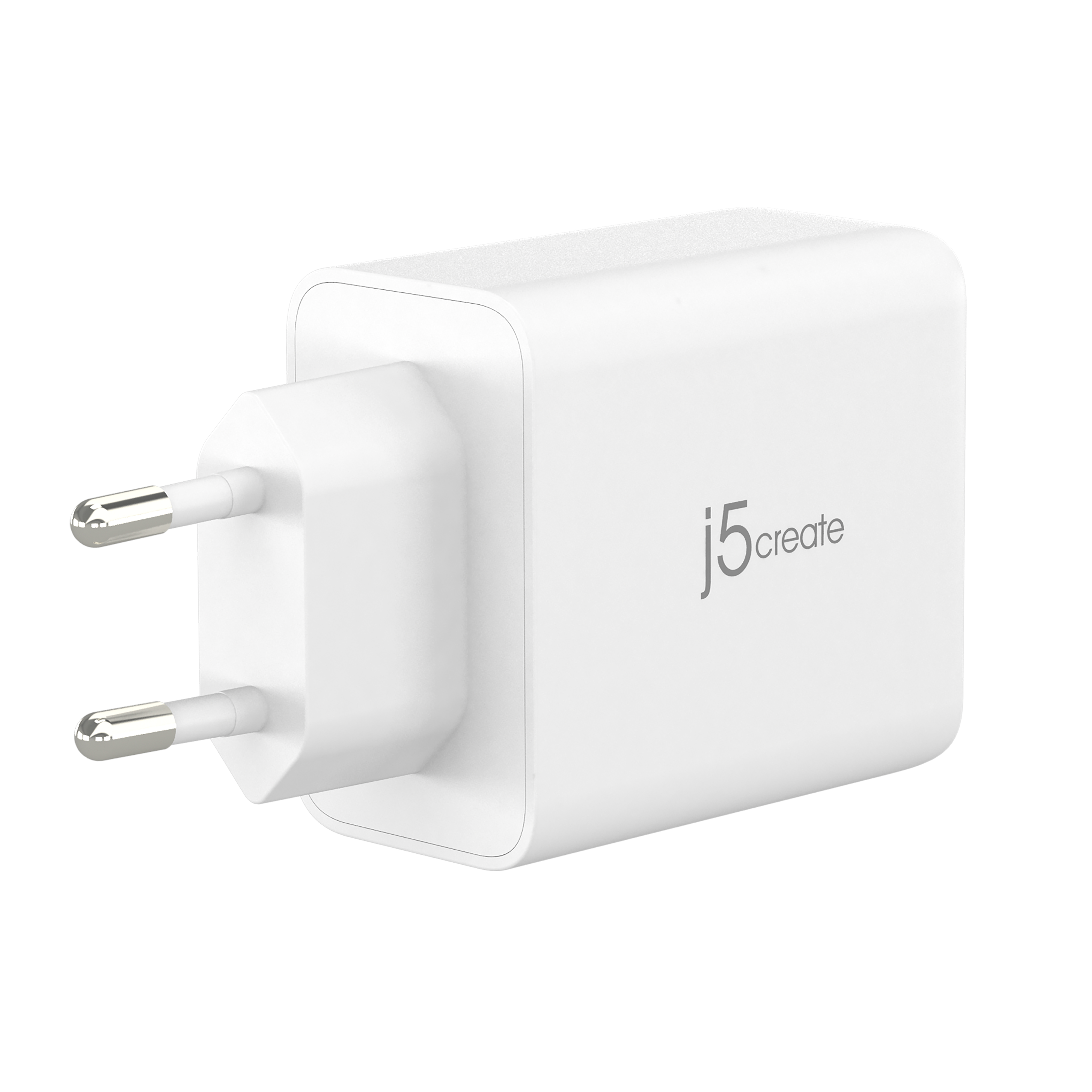 Weißer j5create Netzadapter. Zwei Stifte auf der linken Seite.