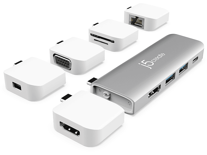 J5CREATE JCD389-N Ultradrive Kit USB-C Multi-Display Modular Dockingstation, Silber und Weiß