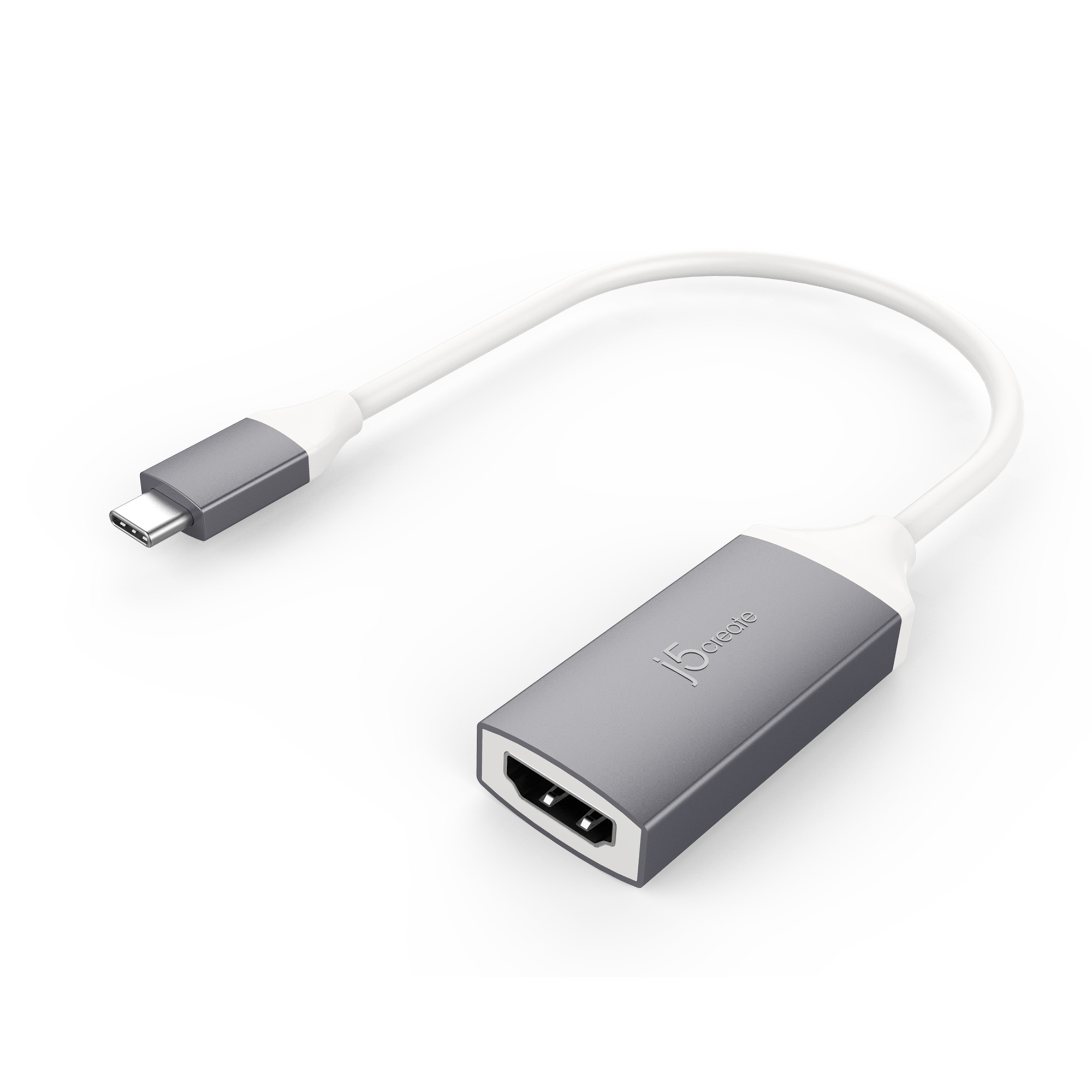 Cable adaptador gris de USB-C a HDMI. Extremos grises, cable blanco. Fondo blanco.