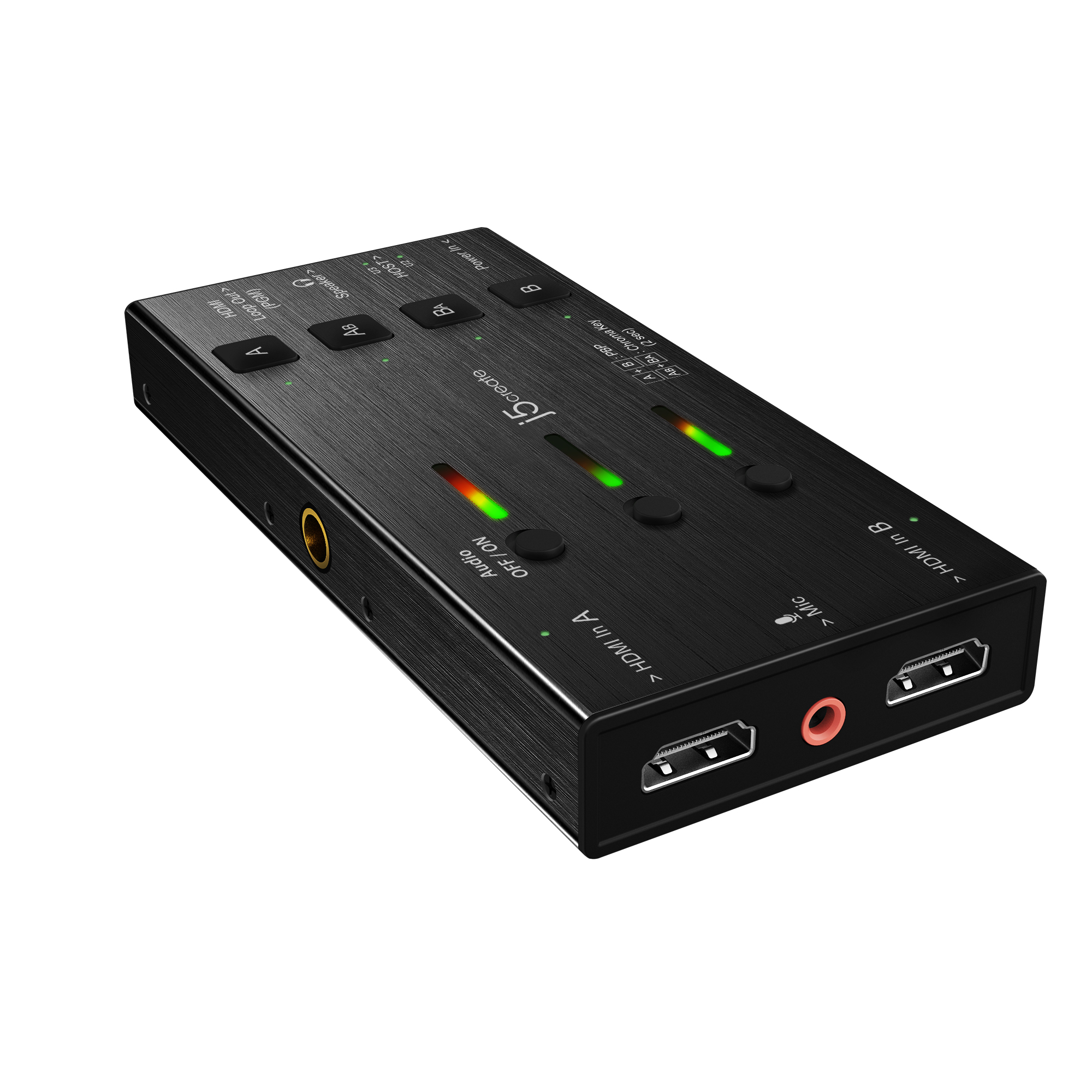 Czarne urządzenie z trzema przyciskami, portami HDMI i gniazdami audio. Ma wskaźniki pokazujące stan każdego połączenia.