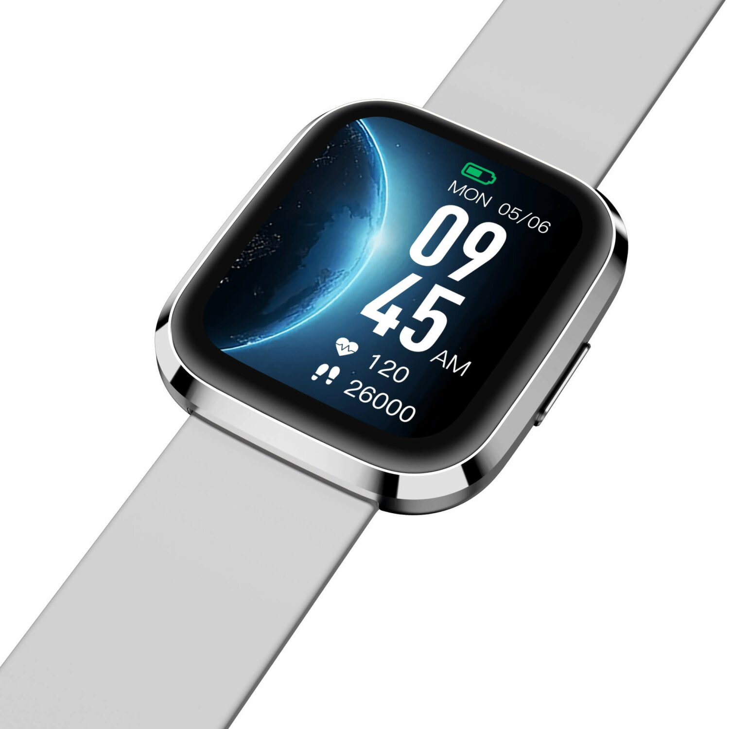 Smartwatch mit Digitalanzeige, die Zeit, Akkustand und Gesundheitsmetriken auf einem weißen Armband anzeigt.