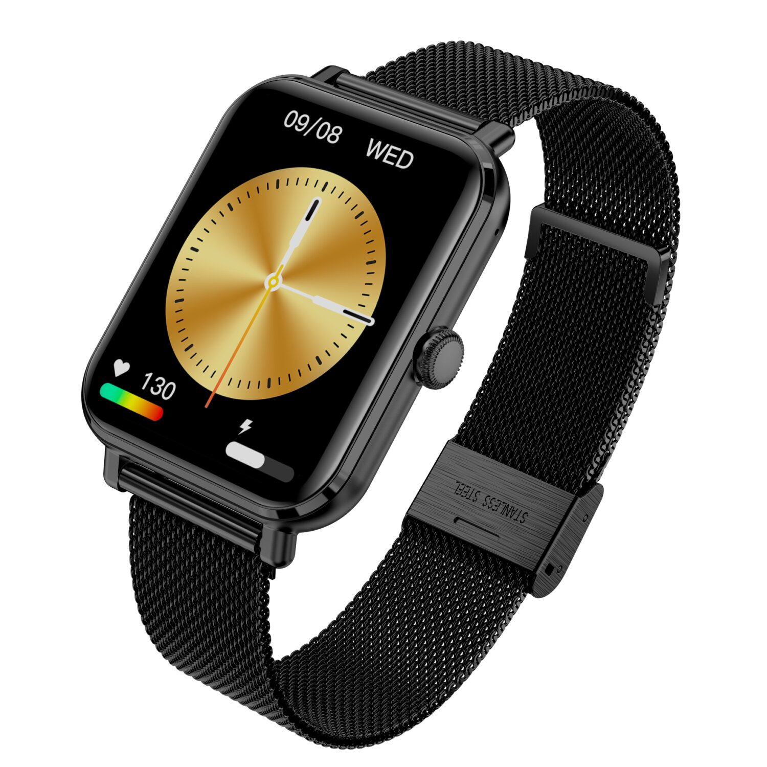 Czarny smartwatch z czarnym metalowym paskiem z siatki i czarną tarczą, białe tło.
