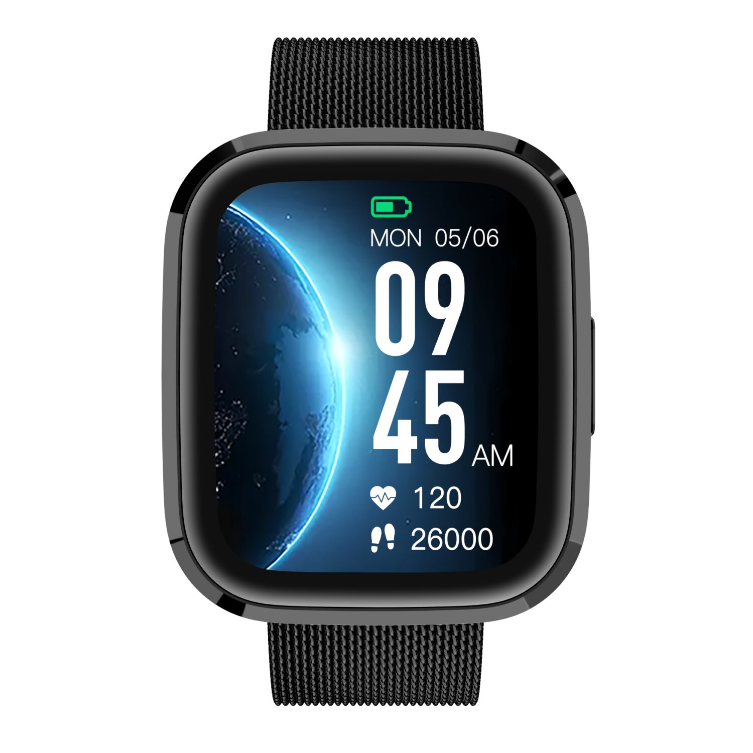 Schwarze Smartwatch mit Anzeige von Uhrzeit, Datum, Schritten und Herzfrequenz. Die Uhr hat ein schwarzes Armband.