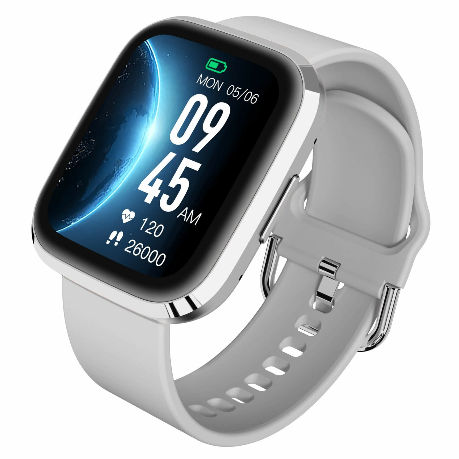Smartwatch mit weißem Armband, zeigt Zeit und Gesundheitsdaten auf weißem Hintergrund.