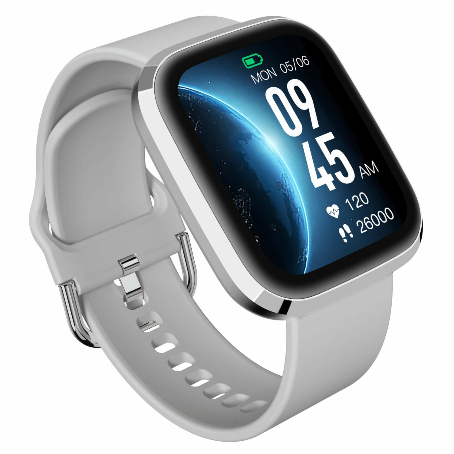 Eine graue Smartwatch mit einem Display, das Zeit, Datum und Gesundheitsmetriken anzeigt.