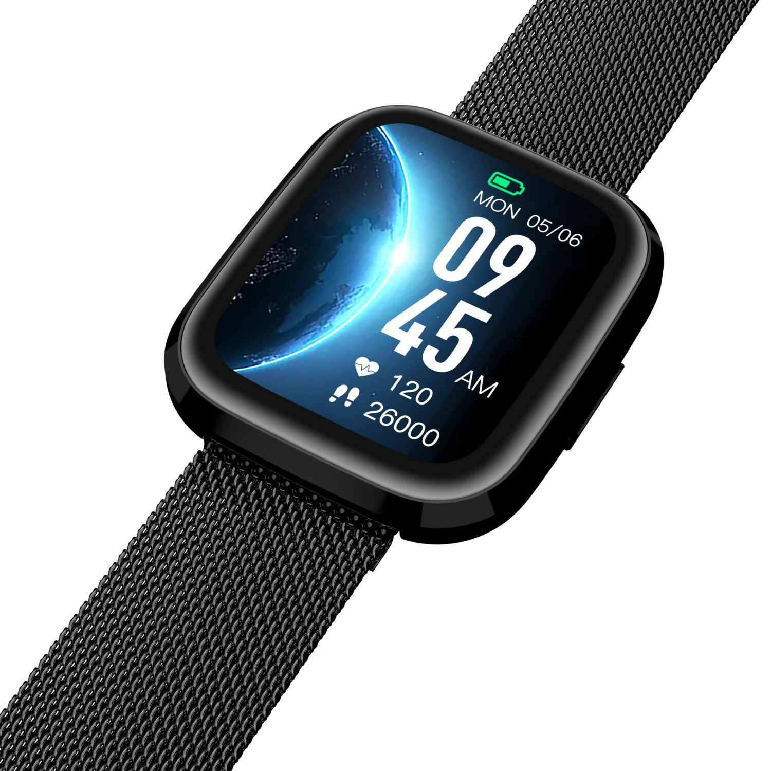 Smartwatch. Schwarze Uhr mit schwarzem Armband. Der Bildschirm zeigt Zeit, Datum und Herzfrequenz.