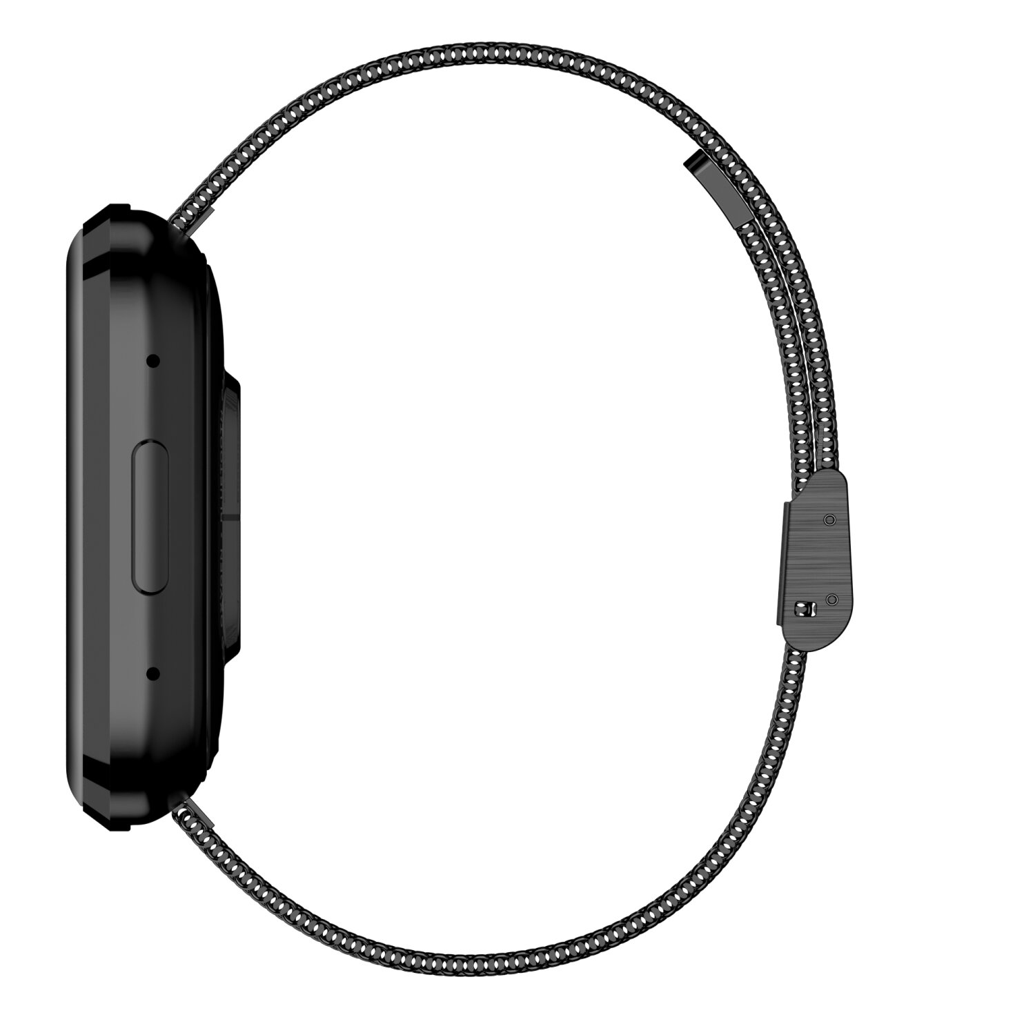 Eine schwarze Smartwatch mit Metallband. Das Band ist mit der Uhr verbunden. Die Uhr ist seitlich.