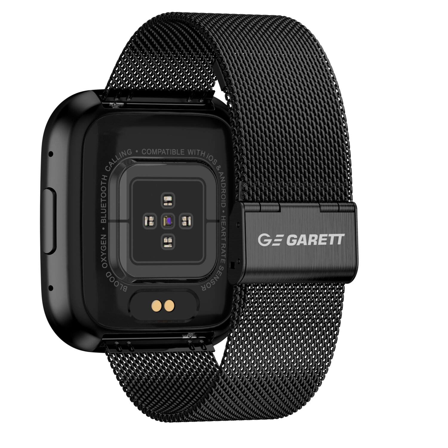 Schwarze Smartwatch mit schwarzem Metallband. Rückseite mit Herzfrequenzsensor. Weißer Hintergrund.