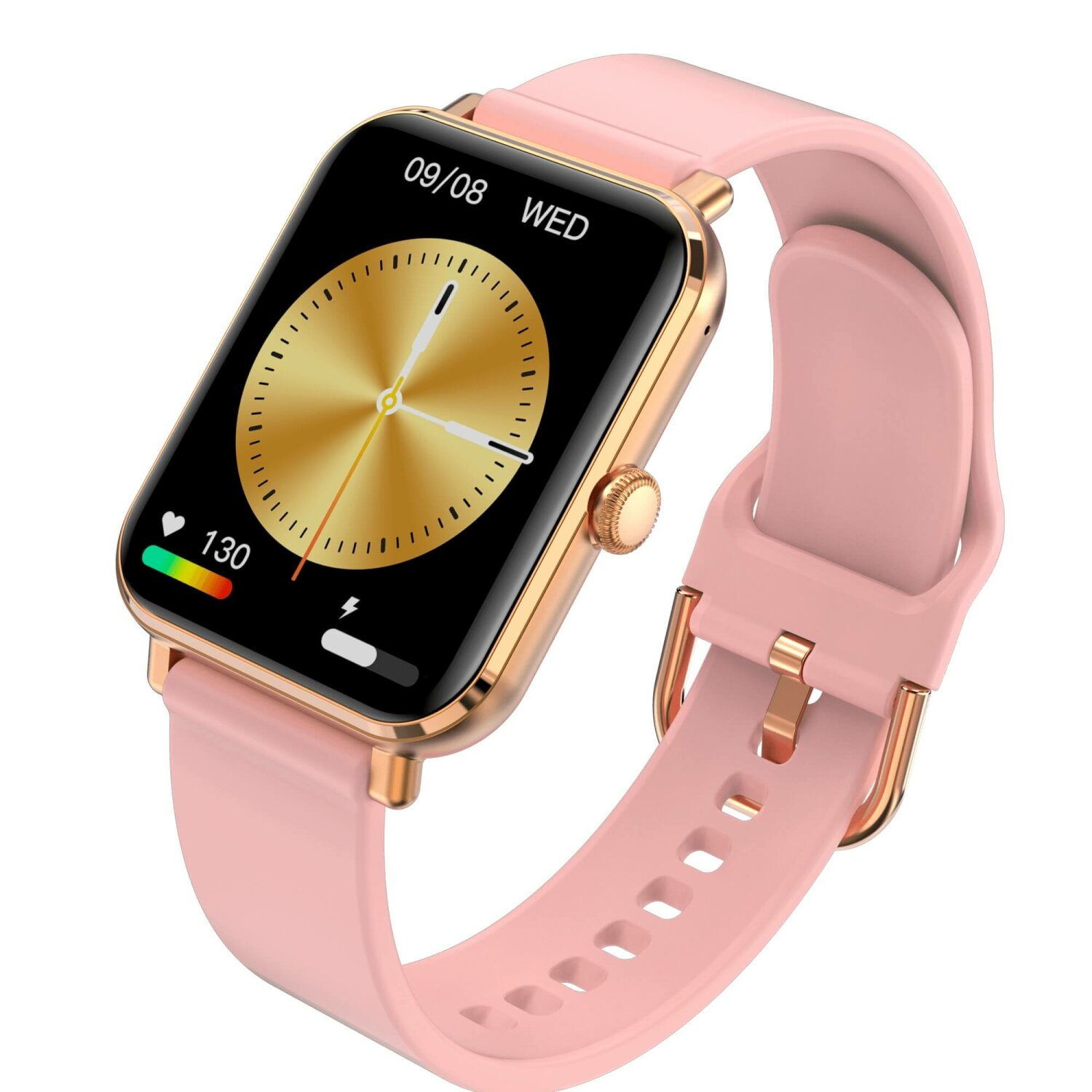 Rosafarbene Smartwatch mit goldenen Details, zeigt Zeit und Herzfrequenz, rosa Armband.