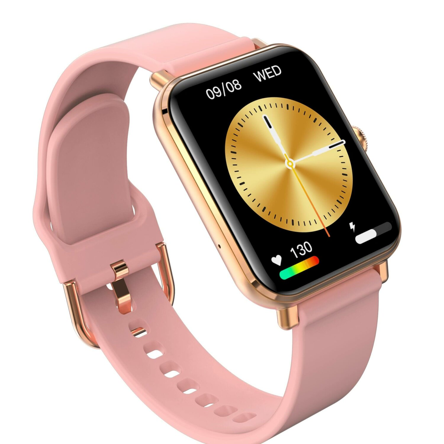 Rosafarbene Smartwatch mit goldenen Akzenten, zeigt Datum und Uhrzeit.
