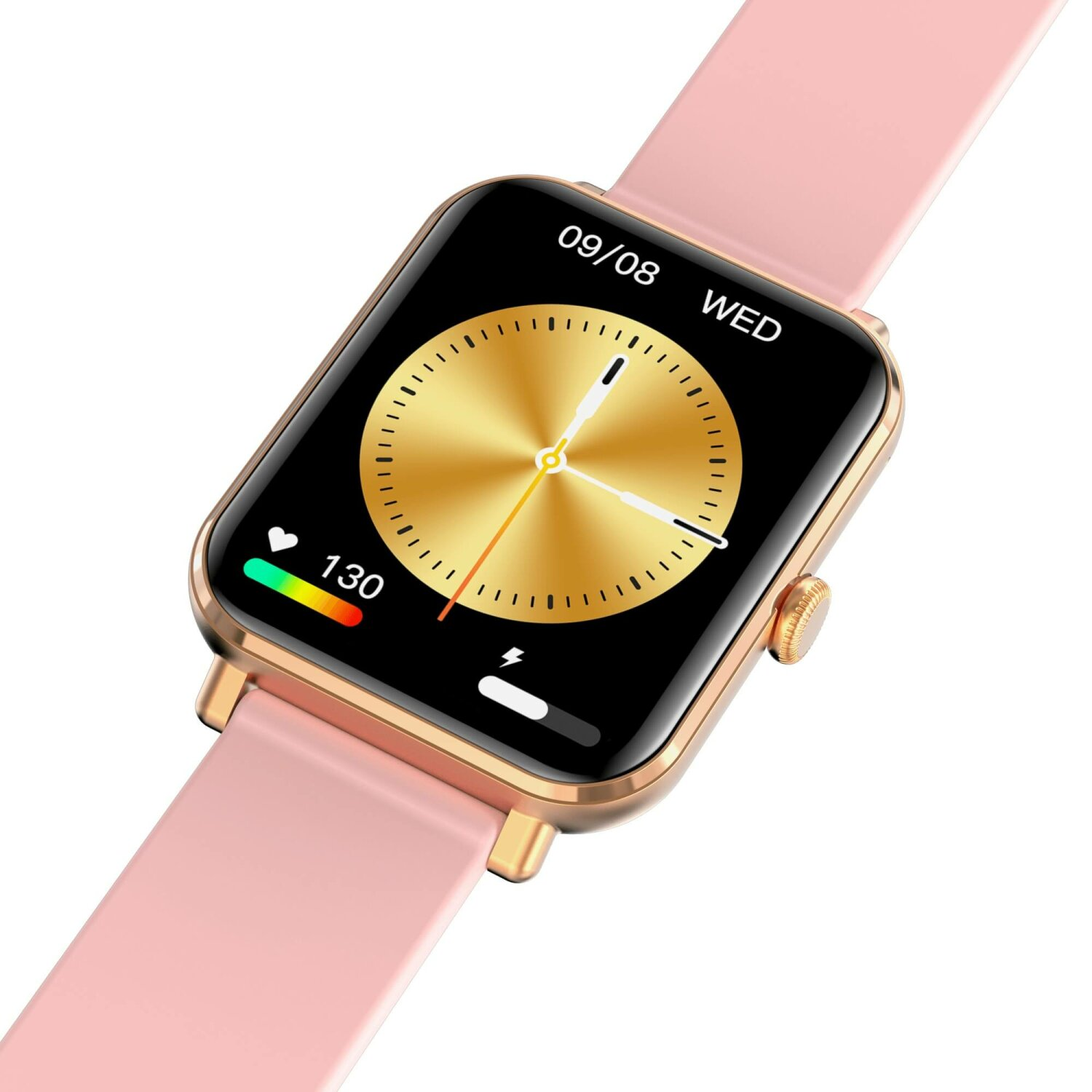 Eine pinkfarbene Smartwatch, die Datum und Uhrzeit anzeigt. Sie hat ein goldenes Gehäuse und ein pinkfarbenes Armband.