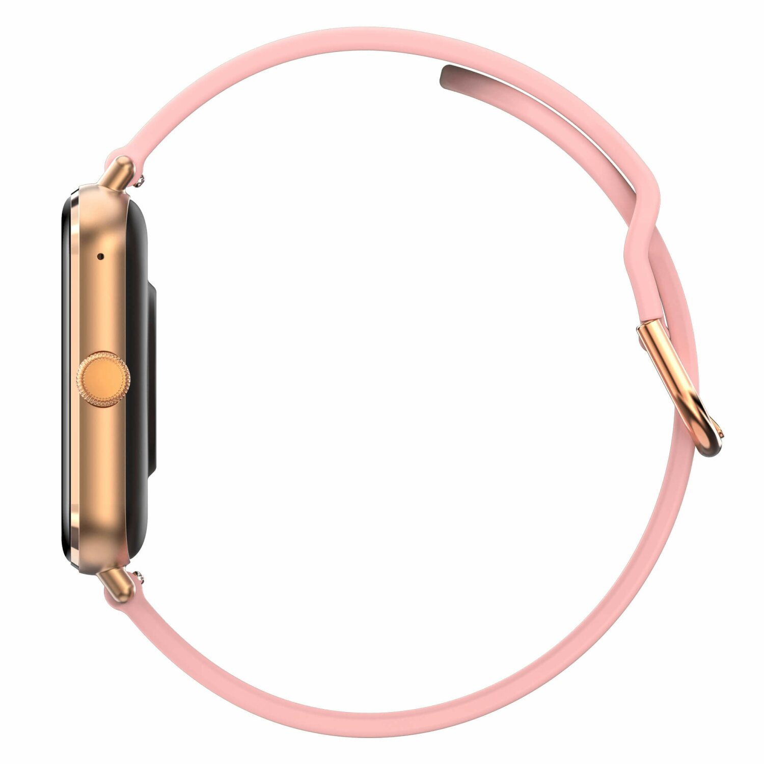 Eine rosa Smartwatch mit goldenem Gehäuse und rosa Armband, von der Seite betrachtet.