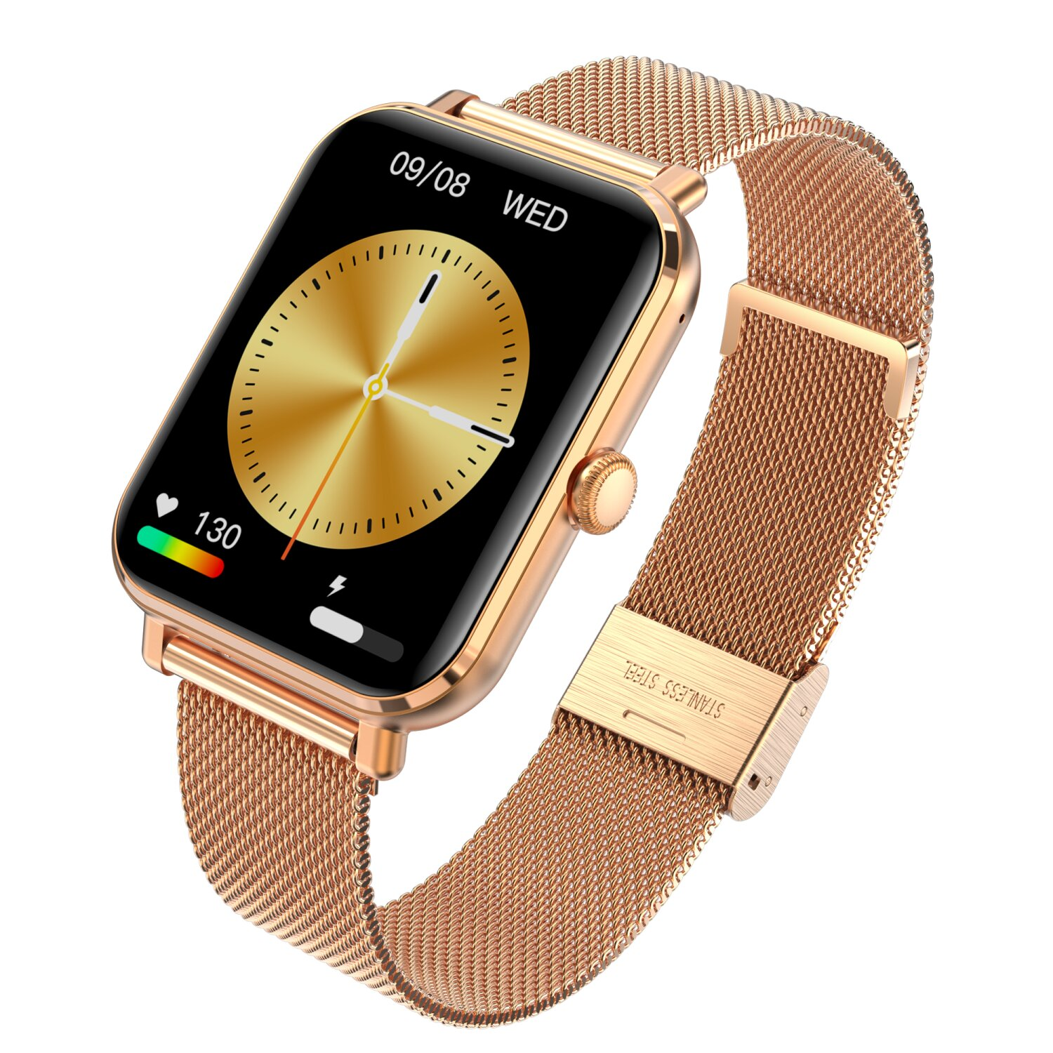 Roségoldene Smartwatch mit Mesh-Armband, zeigt Uhrzeit und Gesundheitsmetriken auf schwarzem Bildschirm.