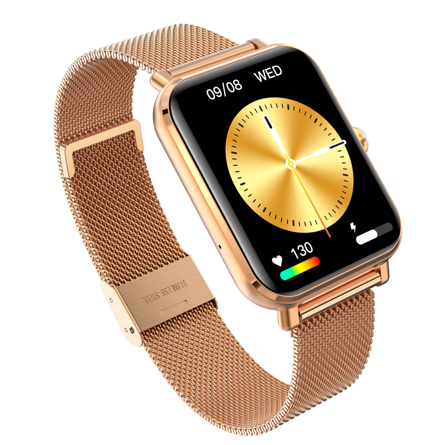 Eine roségoldene Smartwatch mit Metallband und schwarzem quadratischen Bildschirm mit Zeit.