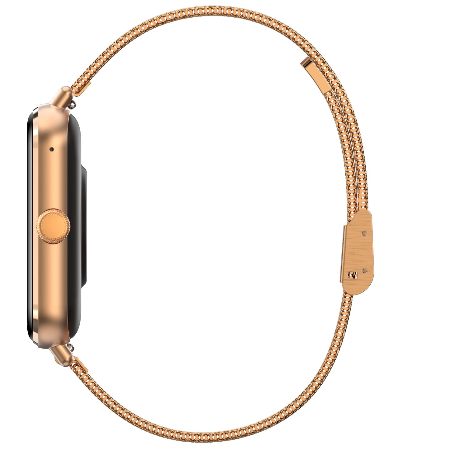 Seitenansicht einer goldenen Smartwatch mit einem goldenen Mesh-Armband. Die Uhr liegt auf einer weißen Oberfläche.