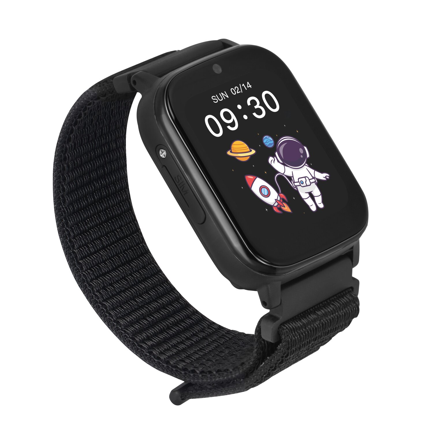 Schwarze Smartwatch mit Datum und Uhrzeit. Schwarzes Armband, Astronaut auf dem Bildschirm.