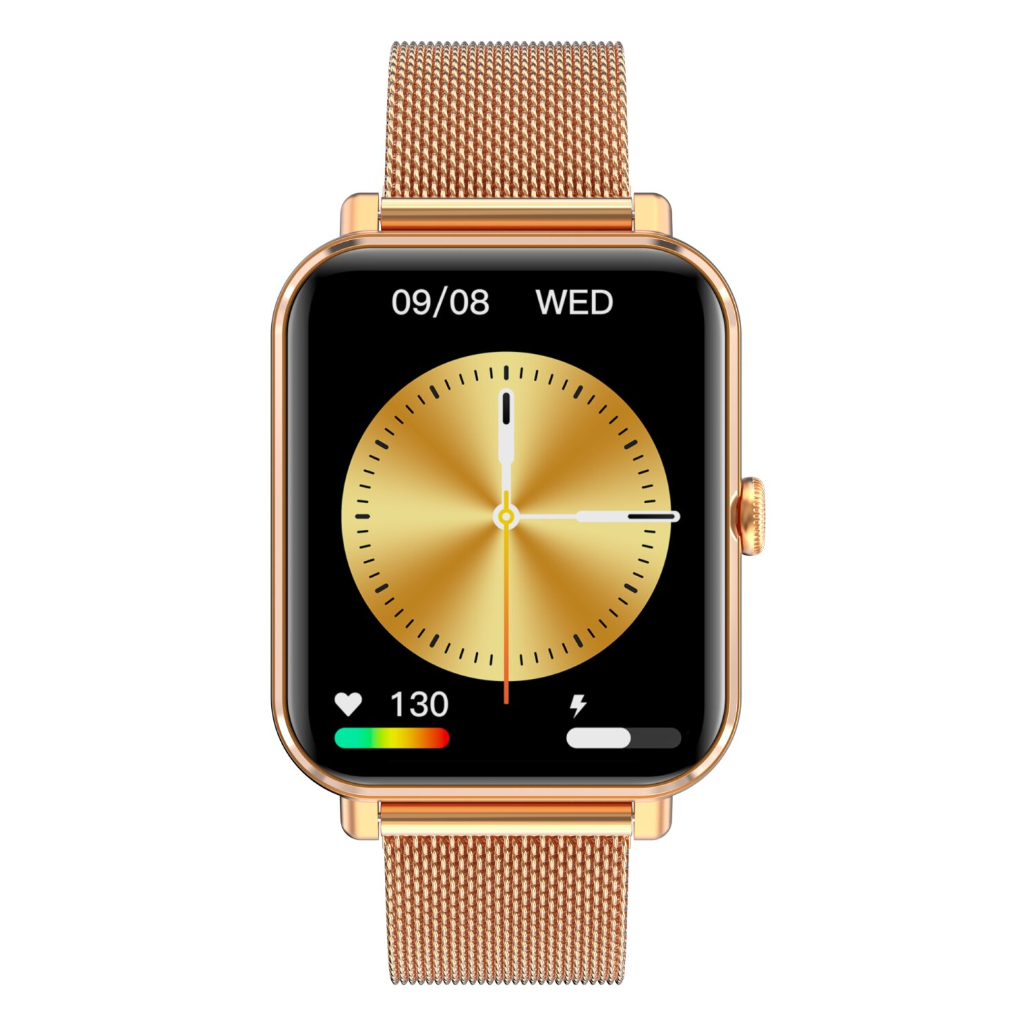 Goldene Smartwatch mit schwarzem Bildschirm, der Zeit und Herzfrequenz anzeigt. Metallarmband.