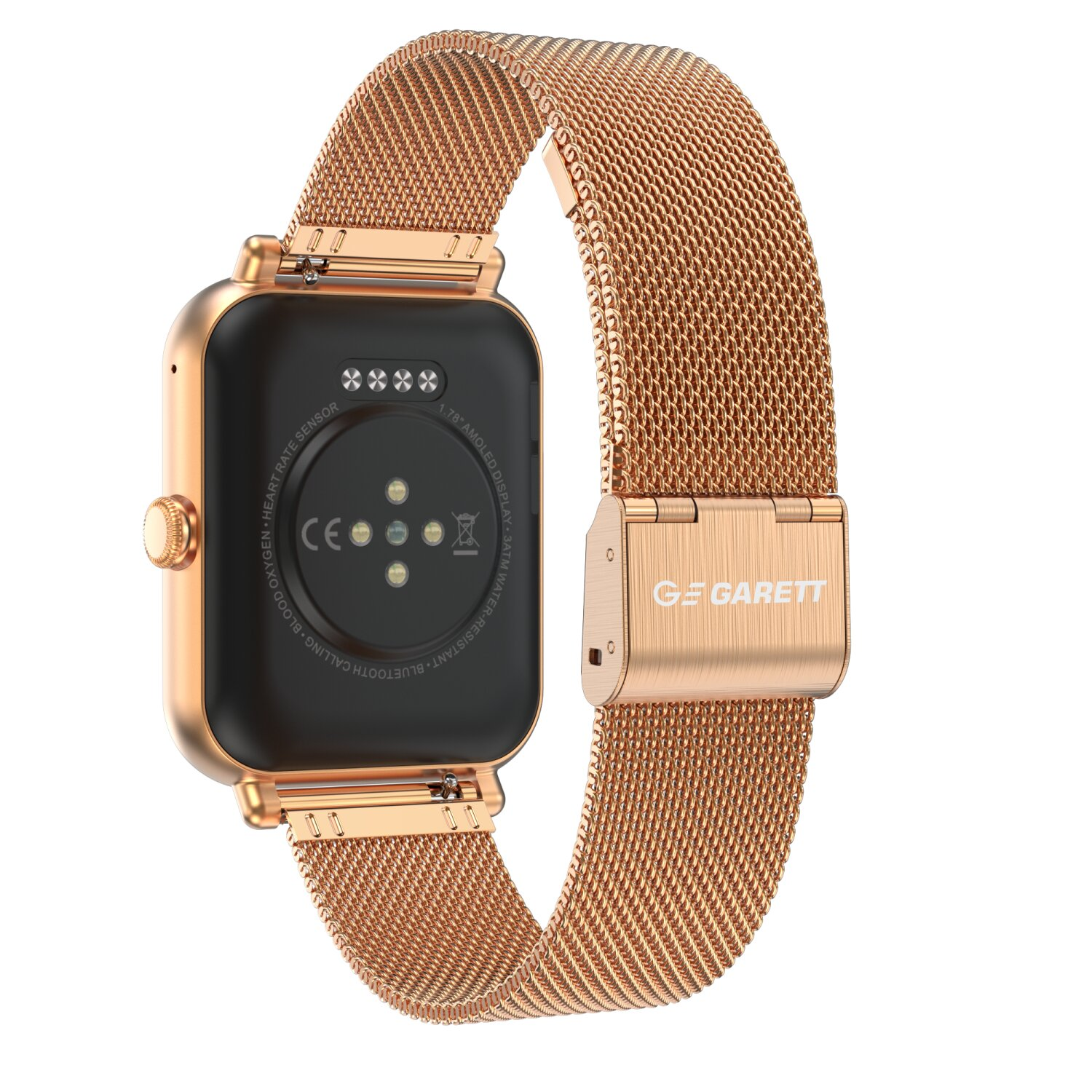 Roségoldene Smartwatch mit Mesh-Armband.