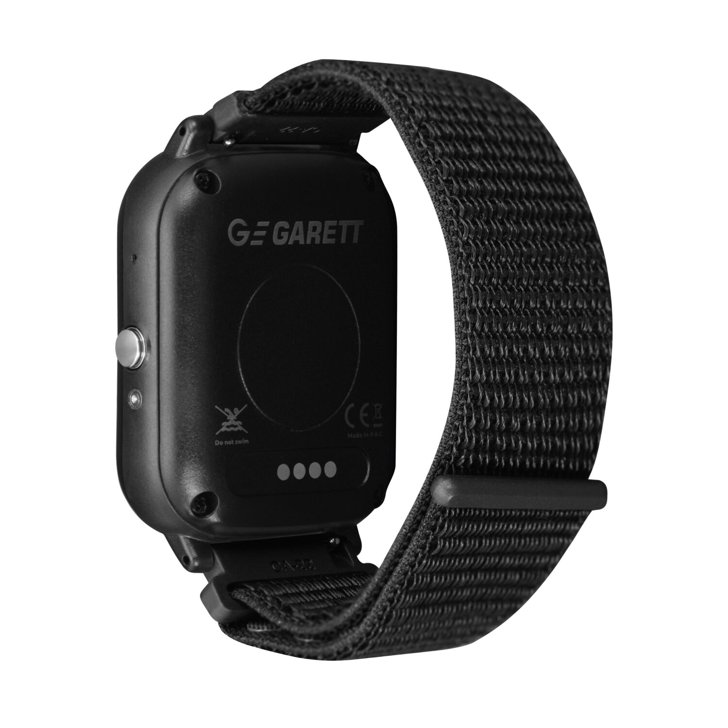 Schwarze Smartwatch-Rückseite mit schwarzem Armband, Markennamen und Details.