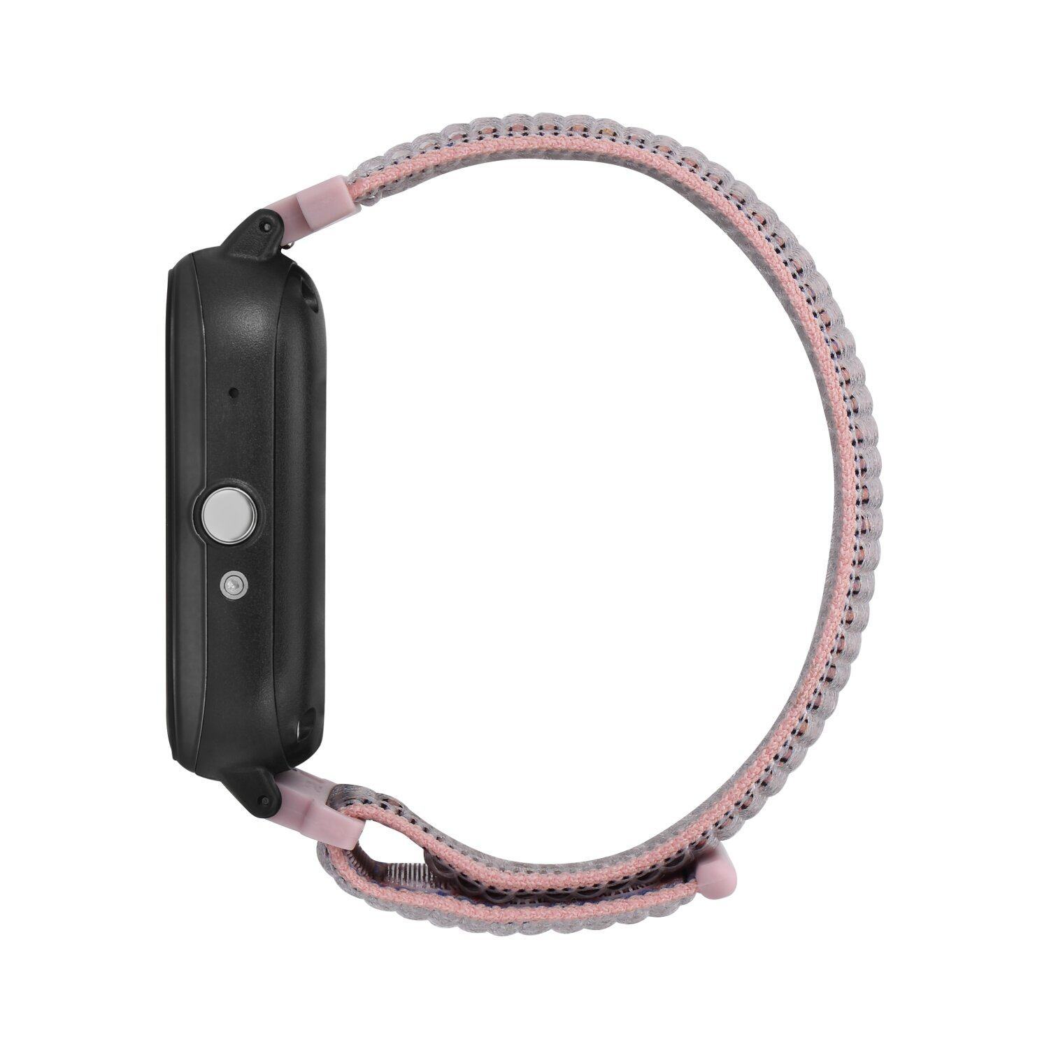 Eine schwarze Smartwatch mit rosa und grauem Armband. Das Zifferblatt befindet sich auf der linken Seite, weißer Hintergrund.