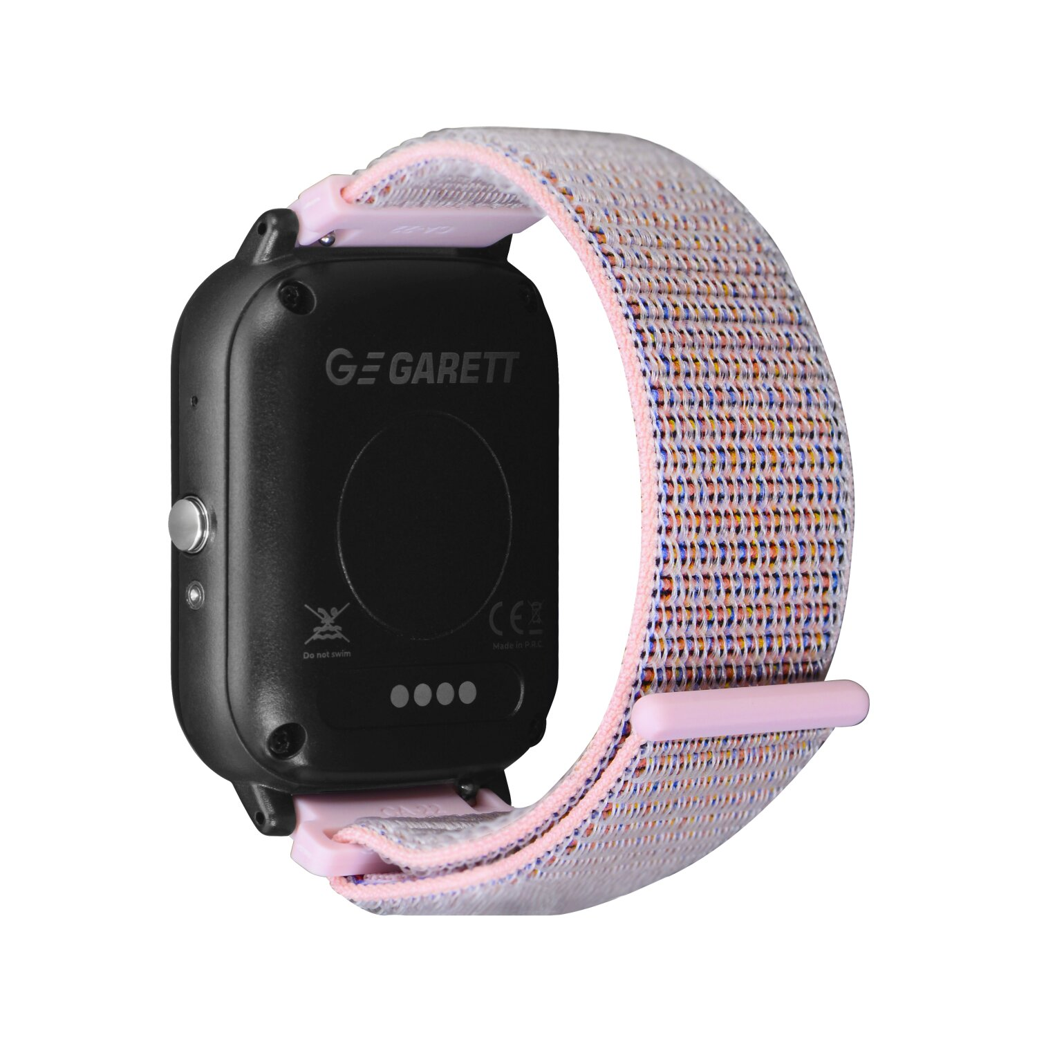 Schwarze Smartwatch mit pinkfarbenem und gemustertem Armband. Die Rückseite der Uhr ist sichtbar.