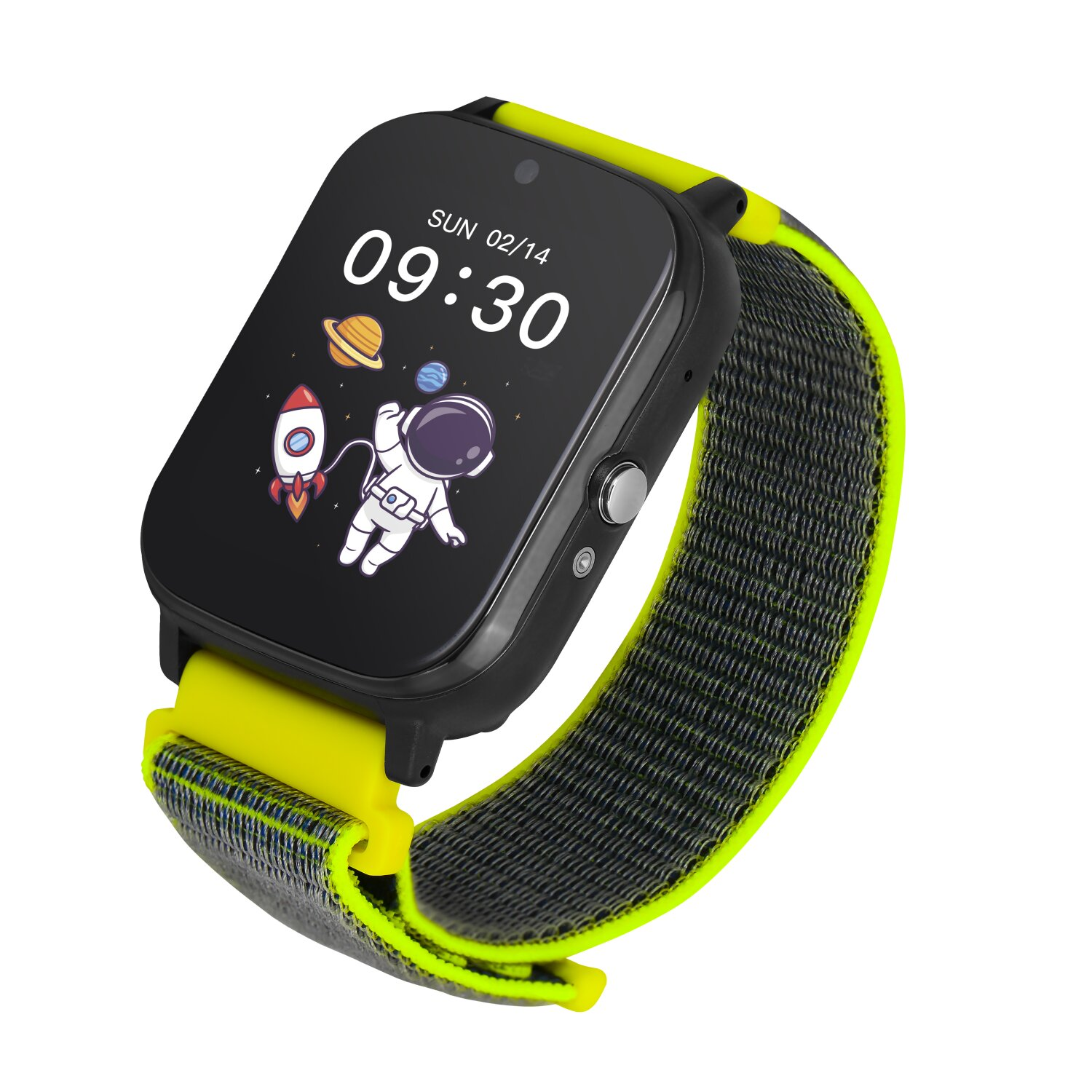 Schwarz-gelbe Smartwatch mit Astronauten- und Raketen-Grafik auf dem Bildschirm, auf Weiß.