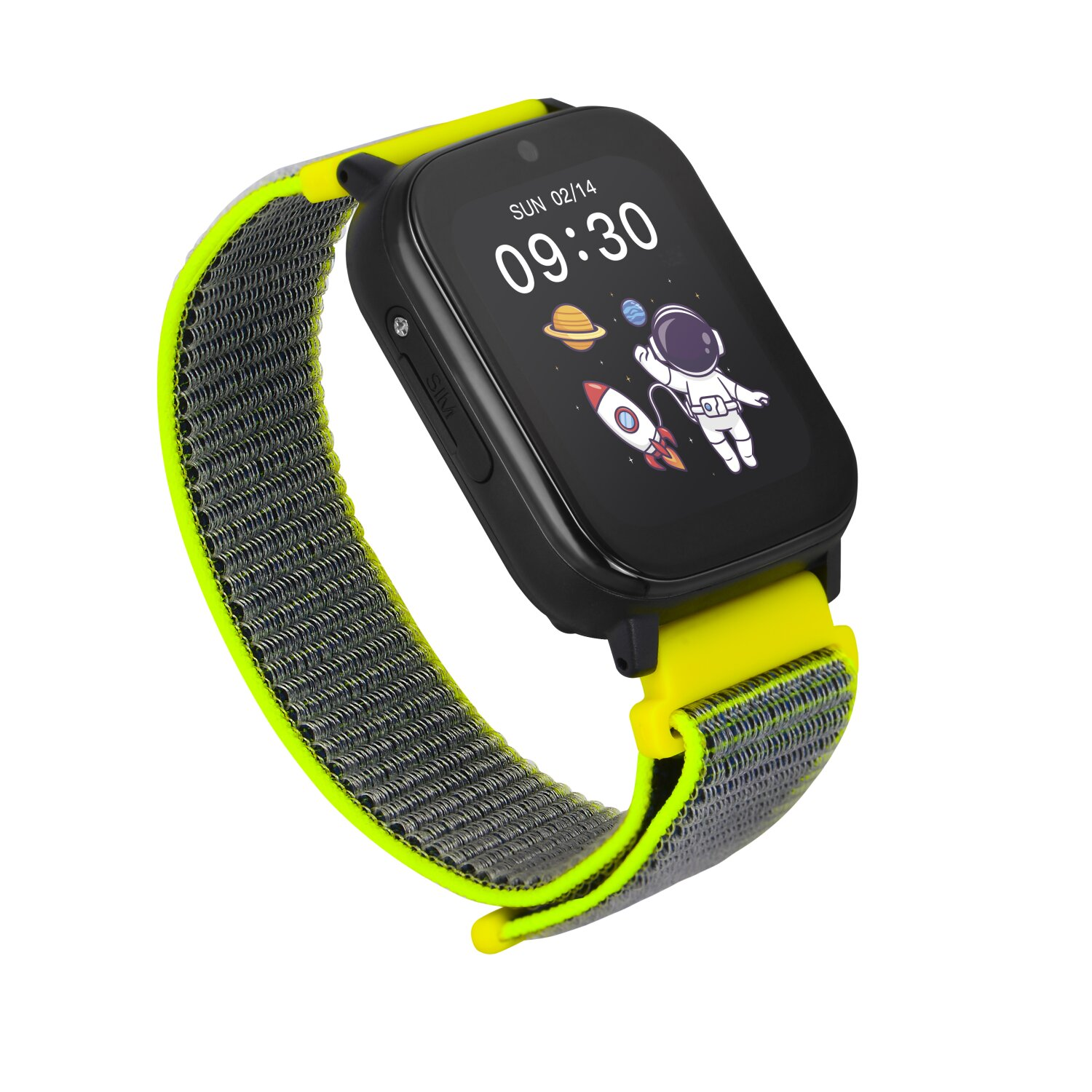 Eine Smartwatch mit gelb-grauem Armband. Der Bildschirm zeigt eine Weltraumgrafik.