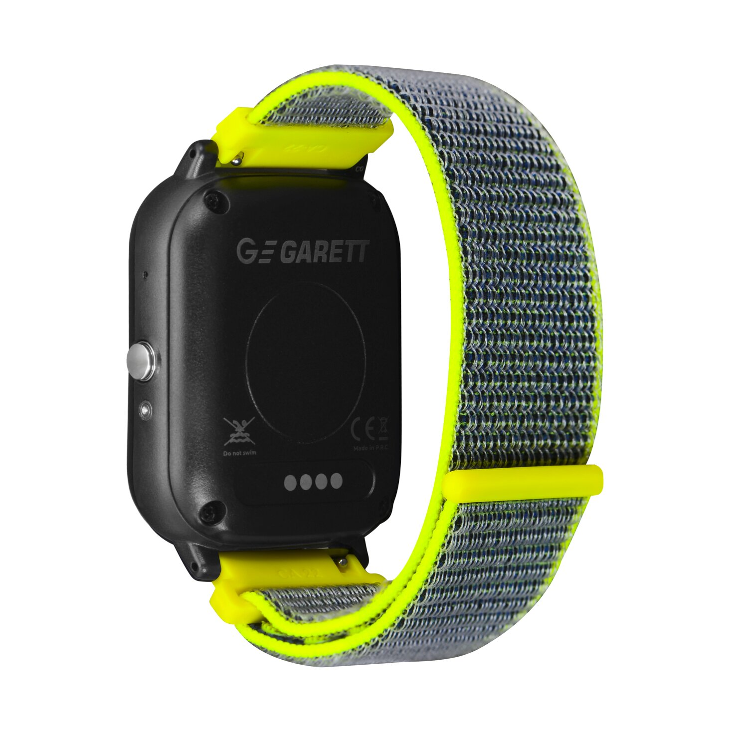 Eine schwarze Smartwatch mit grau-gelbem Armband, von hinten gesehen.