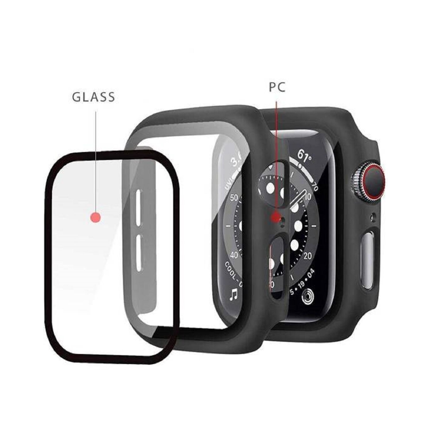 Schwarzes Smartwatch-Gehäuse mit Displayschutzfolie und sichtbarem Zifferblatt, auf weißer Oberfläche.