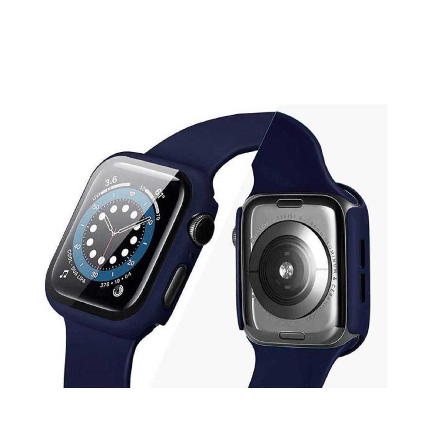 Eine blaue Smartwatch mit blauem Armband, die das Zifferblatt zeigt. Die Rückseite der Uhr ist sichtbar.