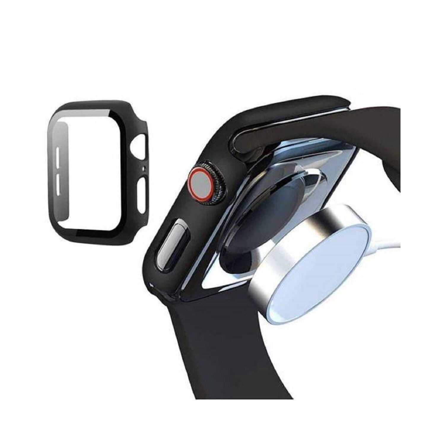 Schwarze Apple Watch am Ladegerät. Daneben eine schwarze Hülle.