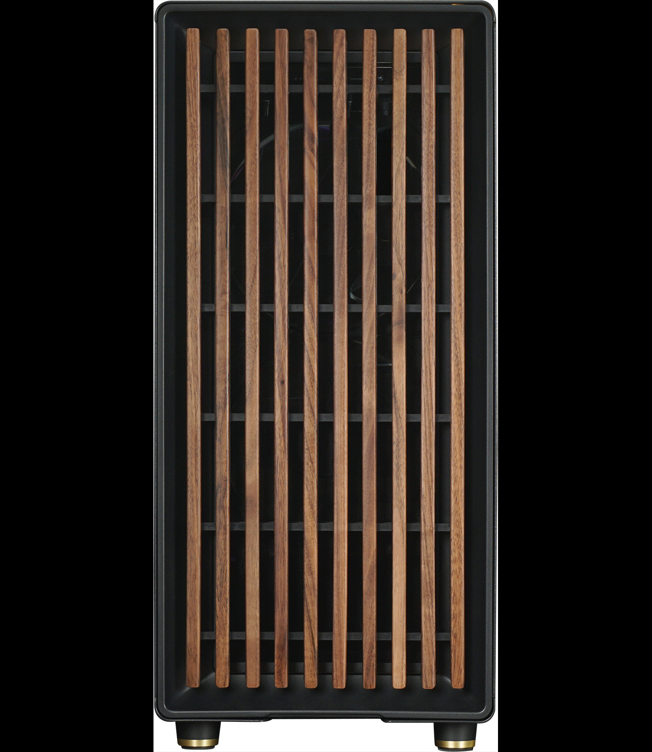 Voorpaneel van de computerkast met houten verticale lamellen op een zwart frame, met gouden poten.