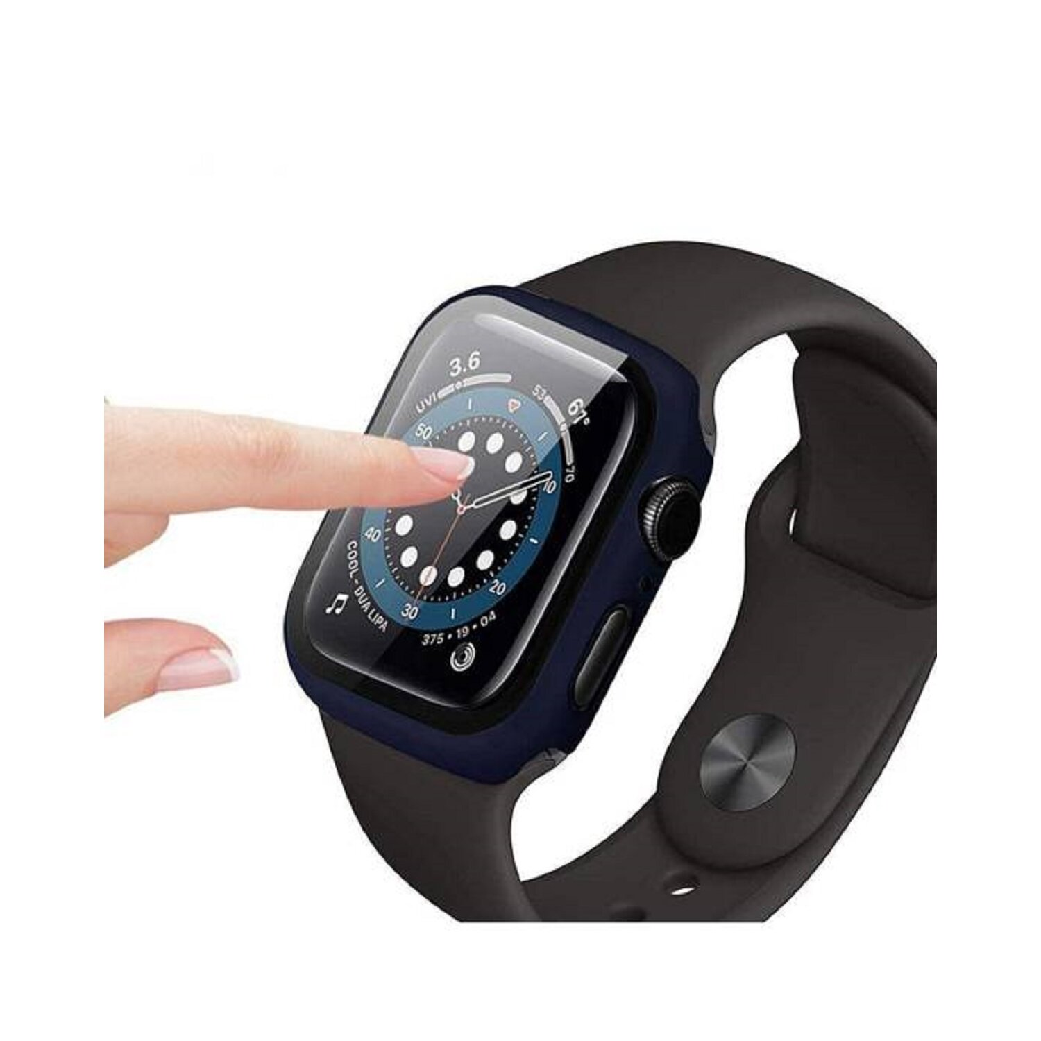 Person berührt einen Smartwatch-Bildschirm mit einem Finger. Die Uhr befindet sich in einem dunkelblauen Gehäuse. Weißer Hintergrund.