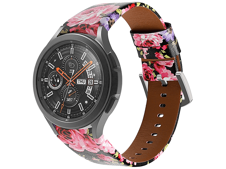 WIGENTO Echt Leder Design Band mit Muster, Ersatzarmband, Samsung, Galaxy Watch 6 / 5 / 4 40 44 mm / Watch 5 Pro 45mm / Watch 6 / 4 Classic 43 47 mm / 42 46 mm, Schwarz mit Druck