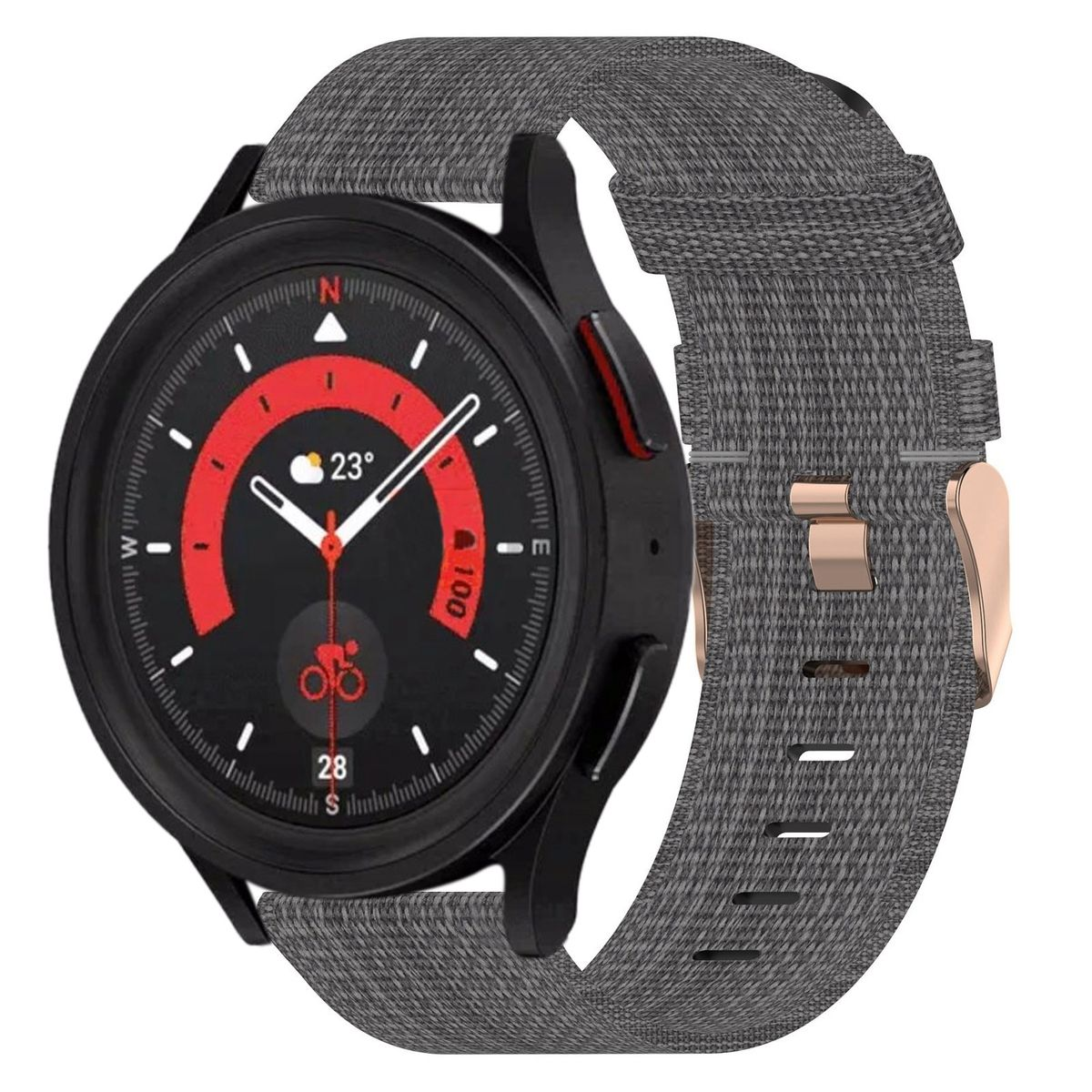 Schwarze Smartwatch mit grauem Armband. Rote Details auf dem Zifferblatt, Metallschnalle.