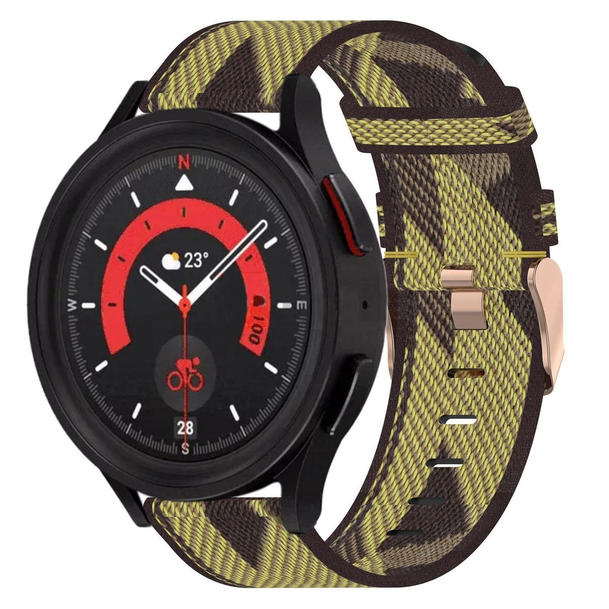 Schwarze Smartwatch mit Camouflage-Armband. Ein roter Ring um das Display. Weißer Hintergrund.