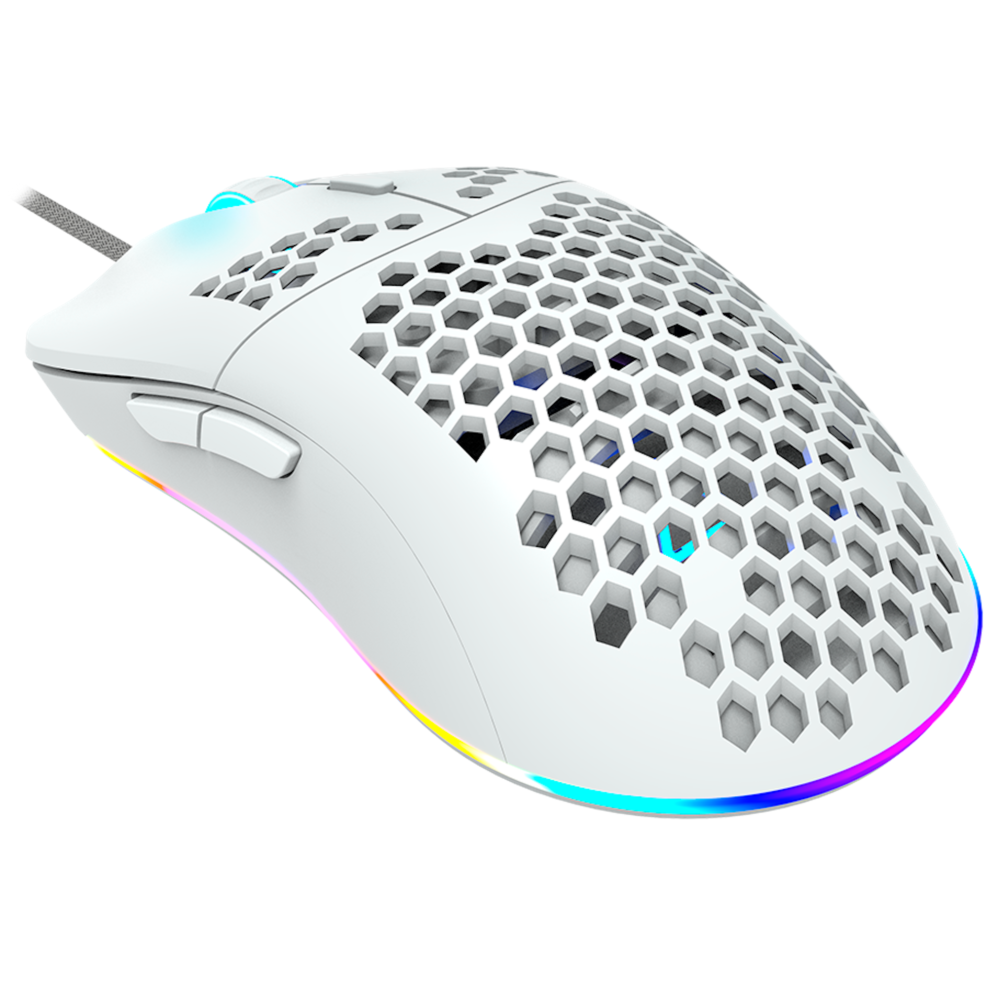 Ratón gaming blanco con diseño de panal. Tiene luz RGB en la parte inferior. Fondo negro.