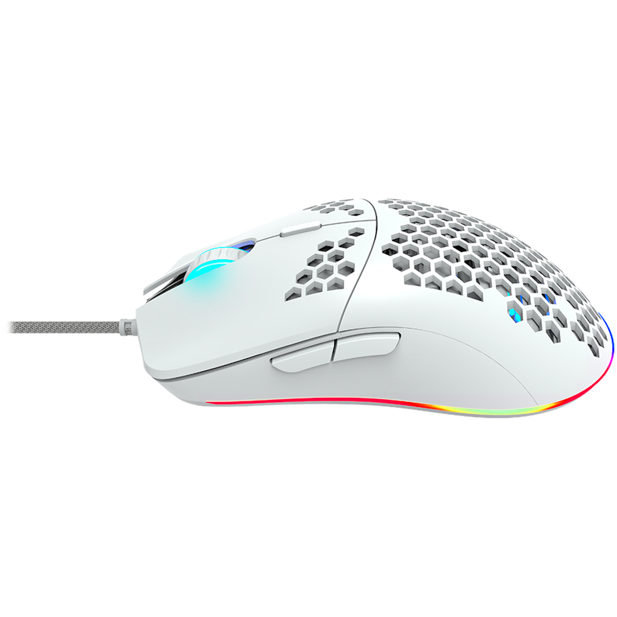 Ratón gaming blanco con diseño de panal, múltiples botones y una tira de luz LED colorida.