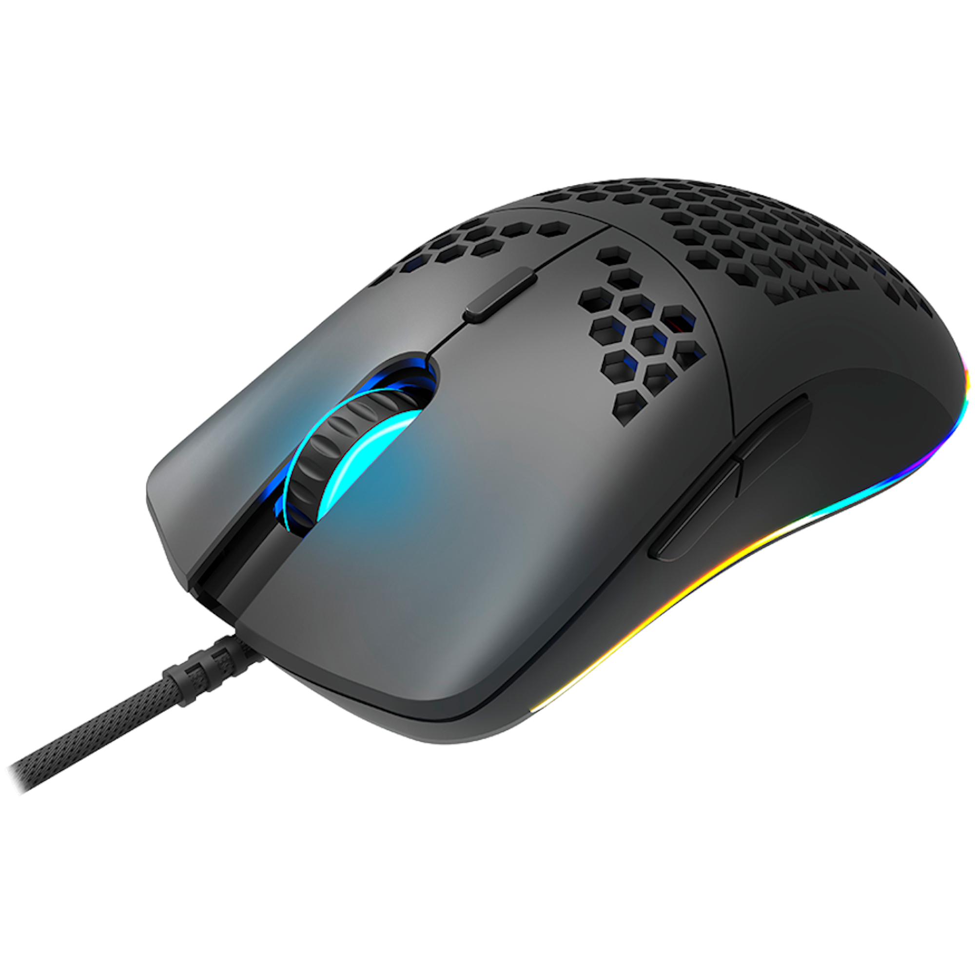 Ratón gaming negro con diseño de panal y luces RGB en los bordes.