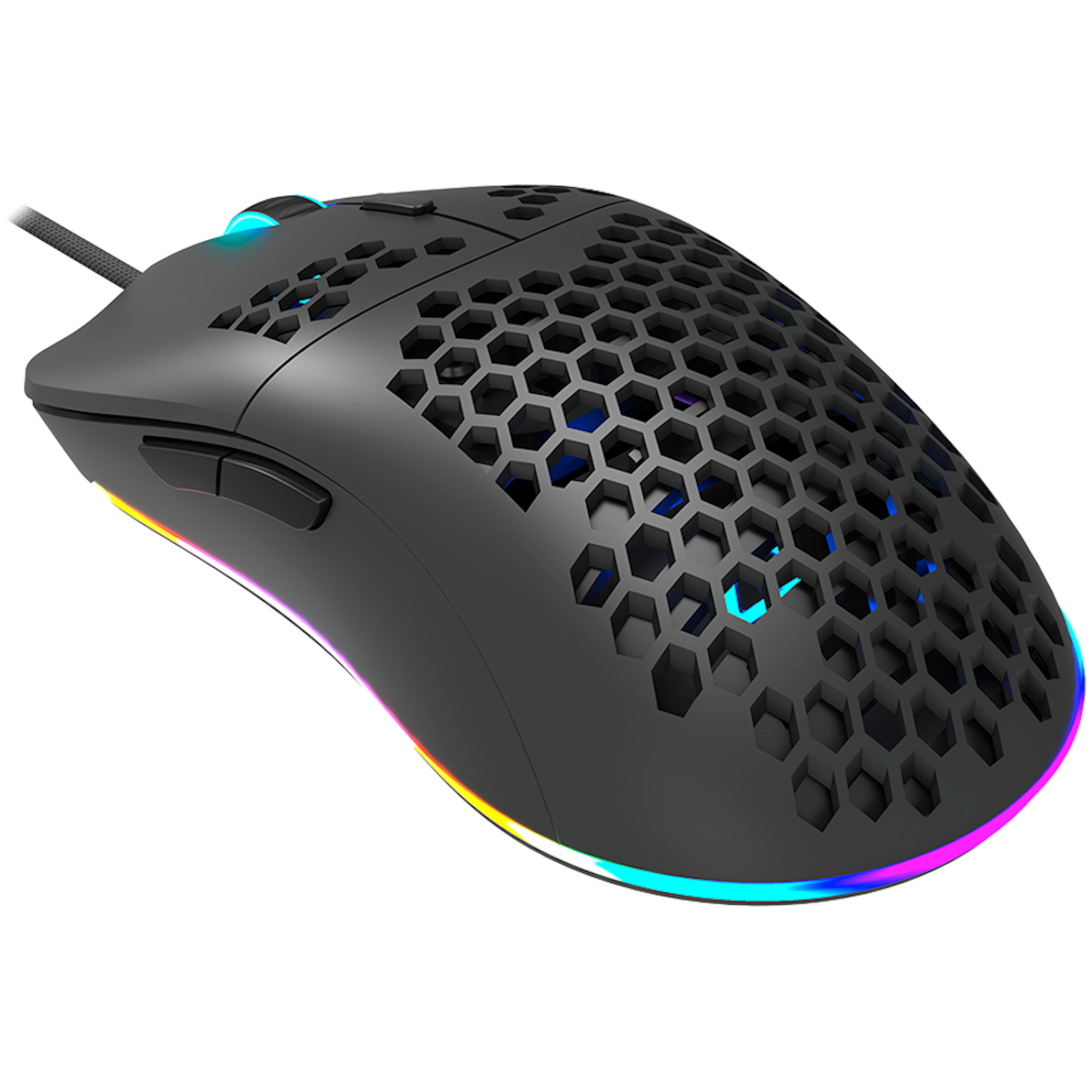 Ratón gaming negro con diseño de panal y iluminación RGB, sobre fondo negro.